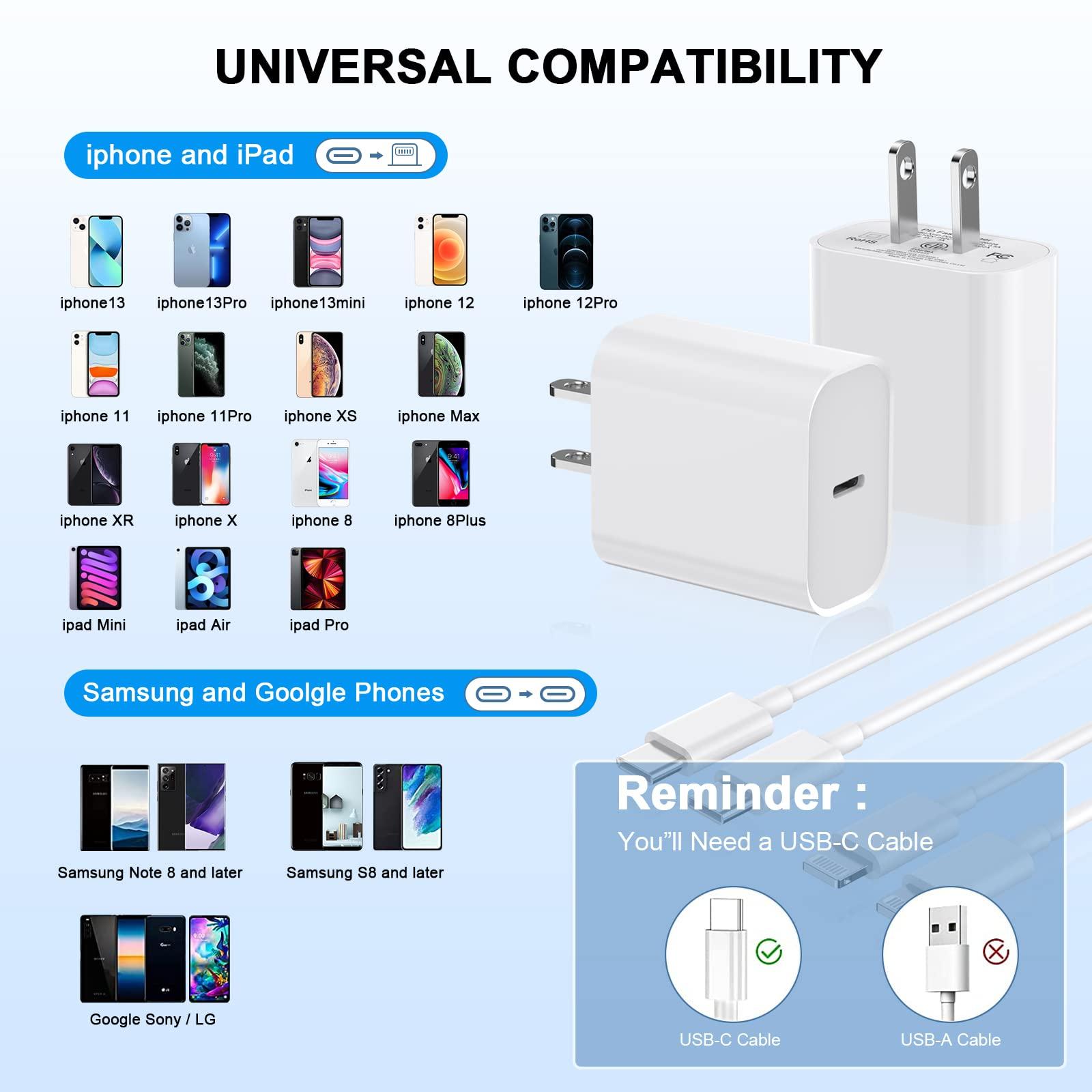 iPhone11 12 13 14 Fast Charger,2Pack 20W iPhone Charger Fast Charging Block Adapter with 10FT USB-C to Lightning Data Sync Charging Cord for iPhone 14 13 12 11 Pro Max Xs Xr X 8 - Image 6