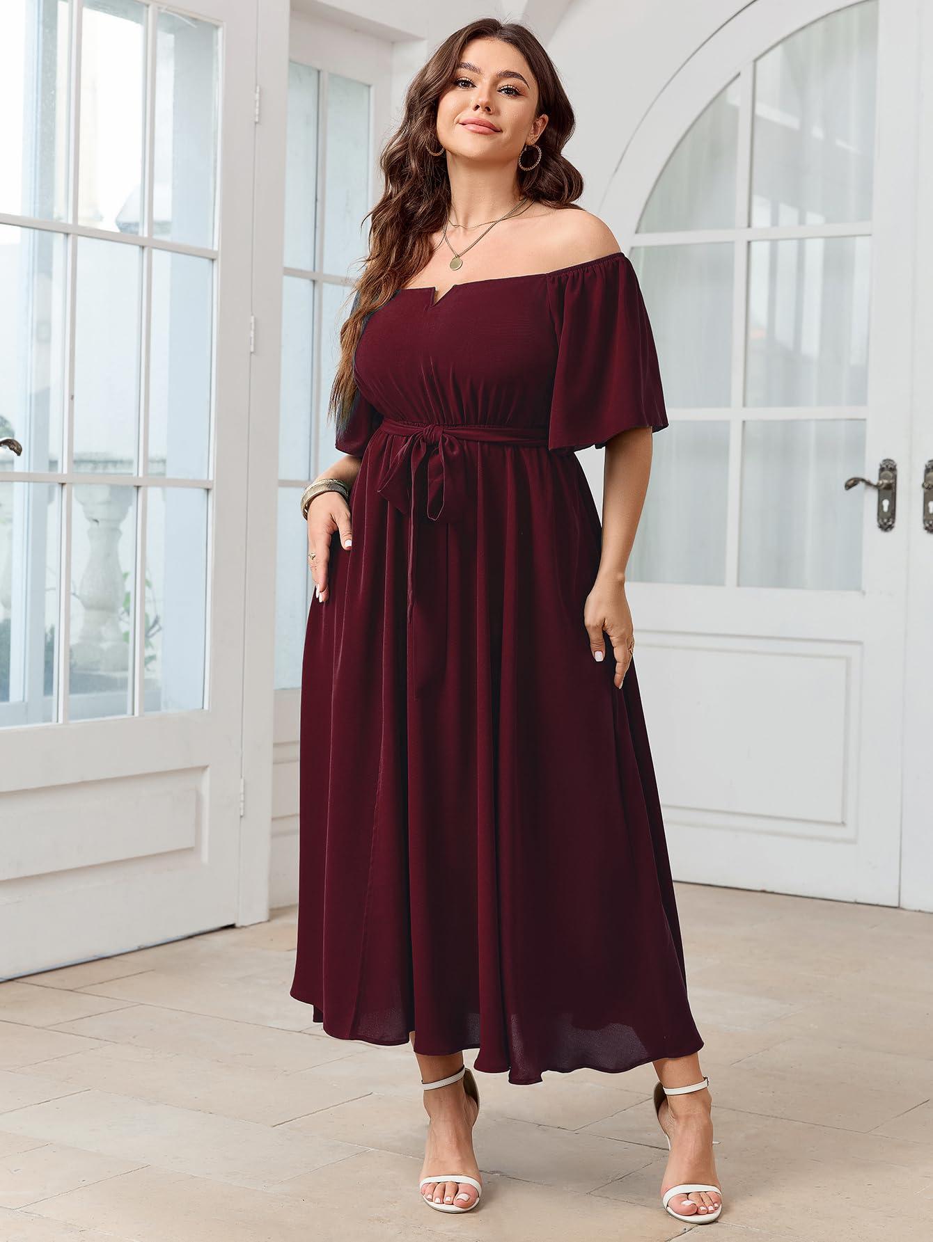 SCOMCHIC Womens Plus Size Formal Maxi Dress Off The Shoulder Wedding Guest Cocktail A-Line Split Long Dress with Pockets - Image 7