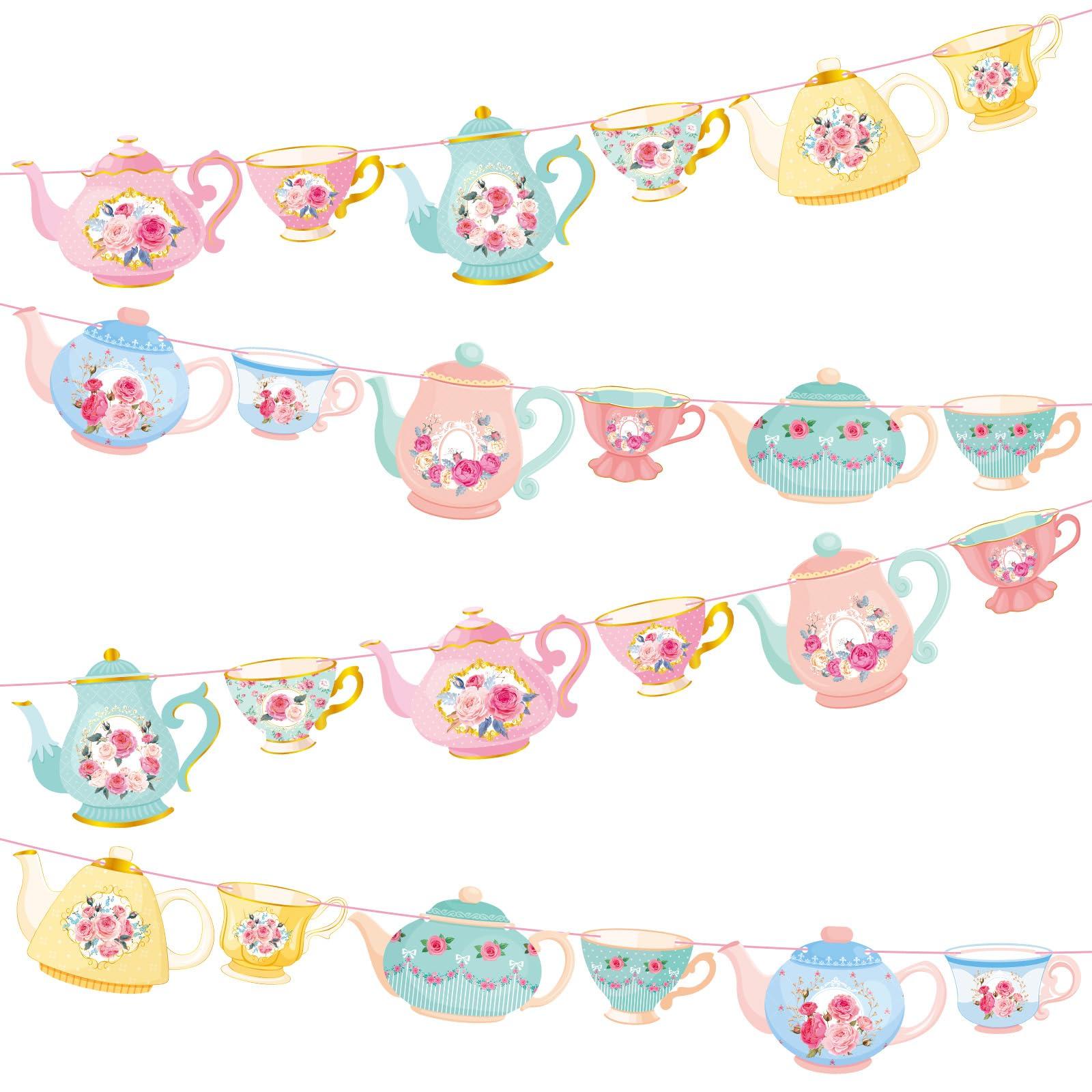 Faccito 5 Pcs Vintage Tea Party Decoration Banner Double Sided Floral Tea Party Hanging Teapot Cutout Paper Banner Assembled for Bridal Shower Birthday Decor