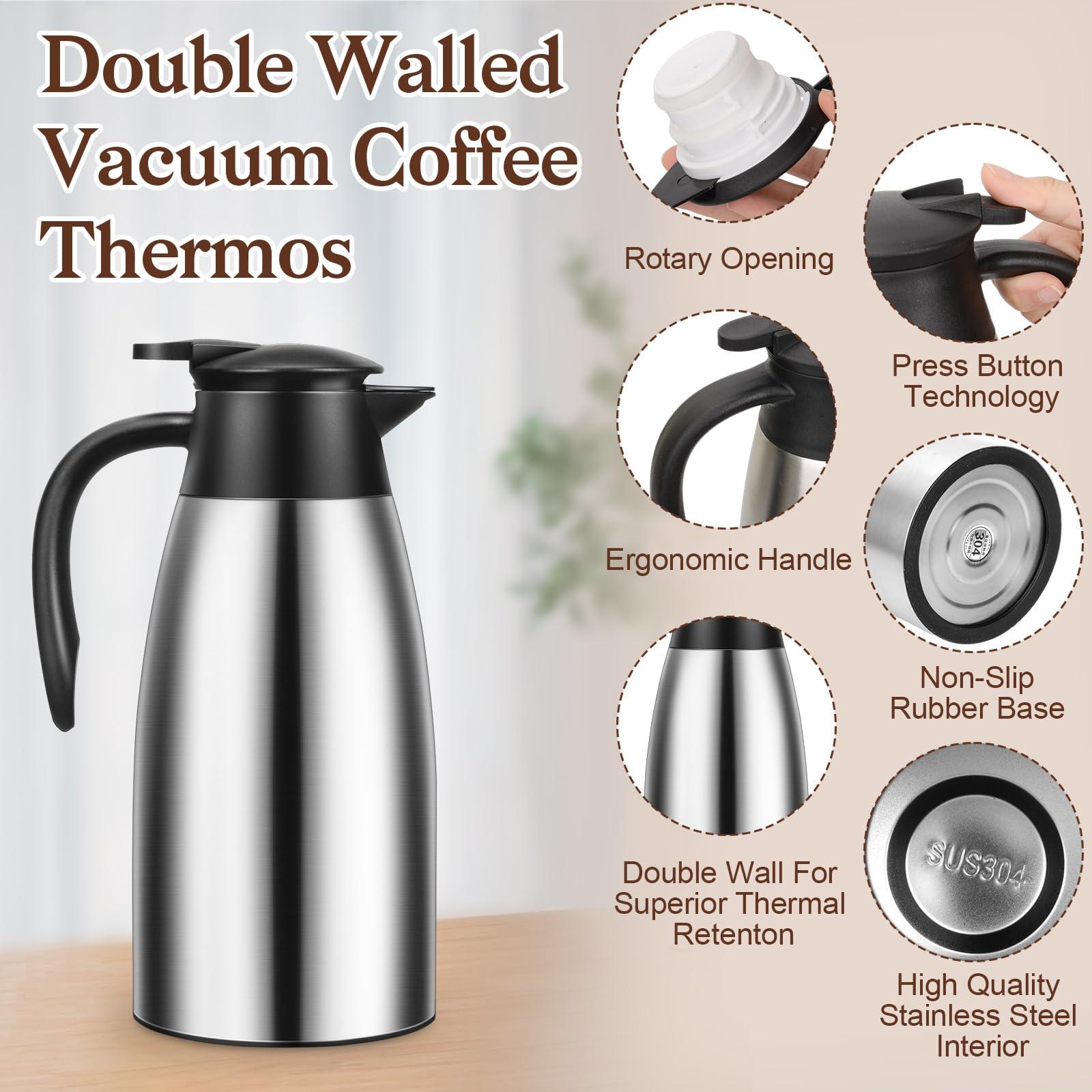68 OZ Thermal Carafe, Insulated Stainless Steel Carafe Double Walled Vacuum Thermal Pot Flask with Brushes for Keeping Hot Coffee Tea Home and Office (2 PCS, Silver) - Image 5