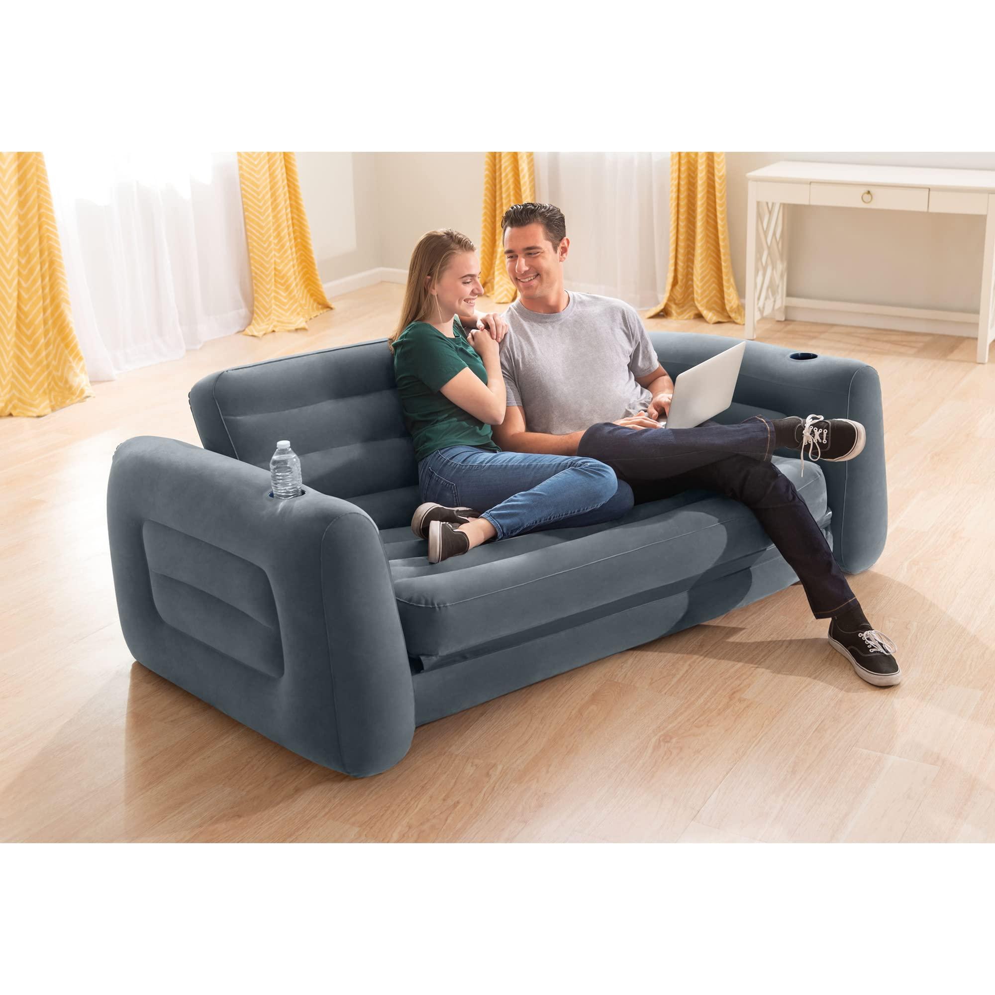 Intex Inflatable Pull-Out Sofa: Velvety Surface, 2-in-1 Valve, Cupholder, 46" x 88" x 26" - Blow-Up Couch and Folding Queen Size Air Mattress Bed - Image 8