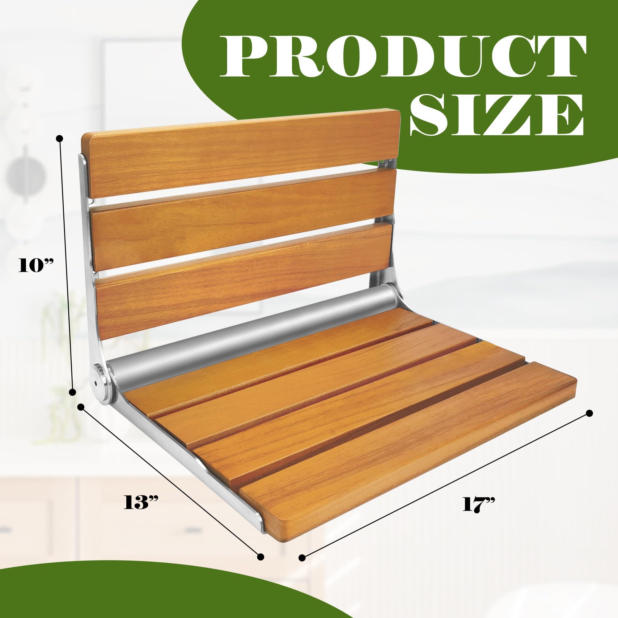 Koretech Folding Shower Seat Teak, Folding Shower Seat Wall Mounted, Foldable Shower Chair for Home Care, 450 lbs Capacity (Stainless Steel, 13'' D x 17'' W x 10'' H) - Image 3