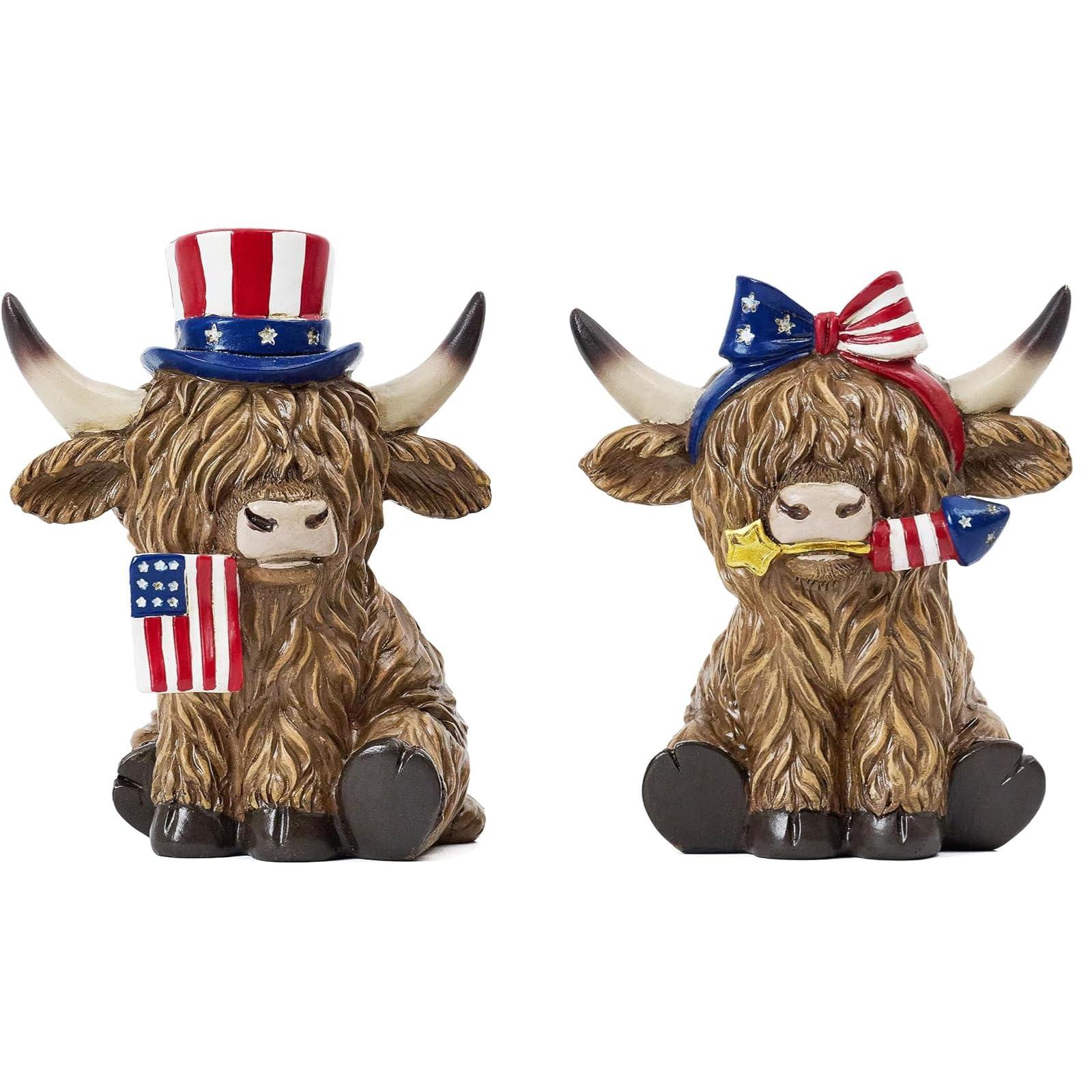 4th of July Decorations, Highland Cow Patriotic Decoration, High Mountain Yak Figurines Garden Outdoor Yard Decorations, Memorial Day Independence Day Home Decor (A + B - Large)