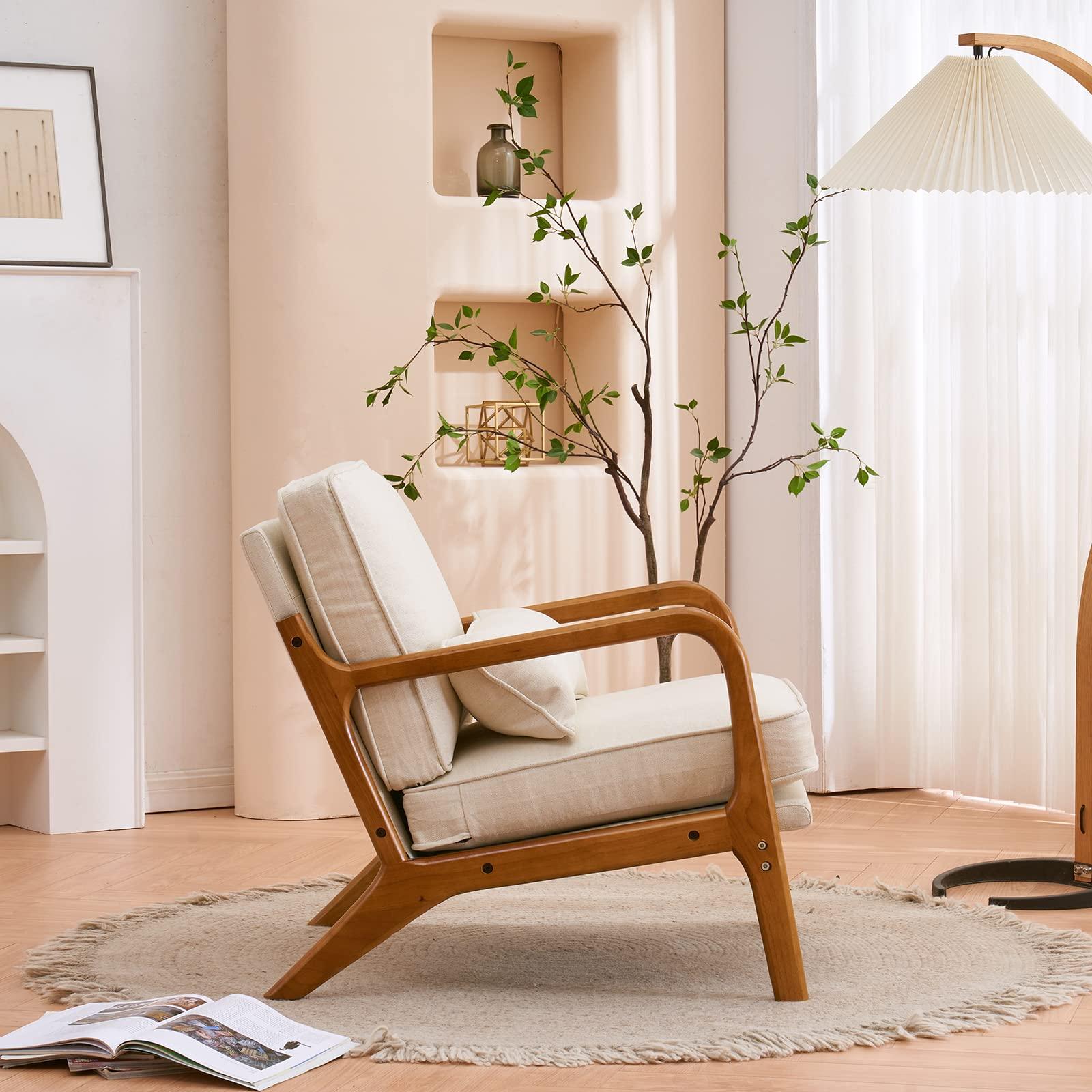 Karl home Accent Chair Mid-Century Modern Chair with Pillow Linen Fabric Upholstered Lounge Arm Chair with Solid Wood Frame & Soft Cushion for Living Room, Bedroom, Balcony, Beige - Image 4
