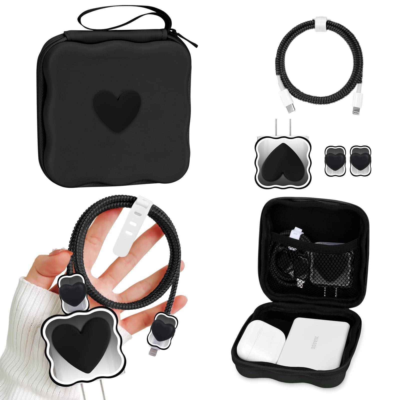 CameCosy DIY Phone Charger Case Storage Sets Cable Protector Earphone Wire Saver with Wave Travel Storage Bag, Cute Cable Charger Protector Cord Organizer for iPhone (Black Love Heart)