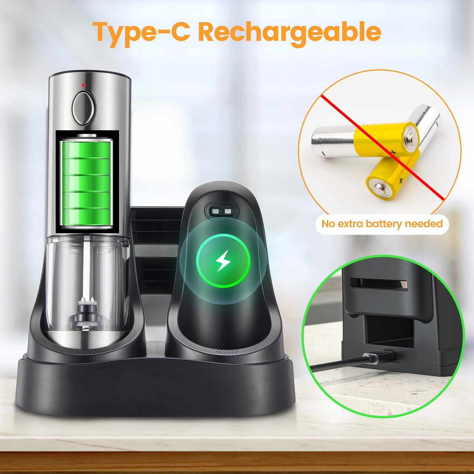 Electric Salt and Pepper Grinder Set — Automatic Rechargeable Salt / Pepper Grinder with Charging Base and LED Light, Adjustable Coarseness, Large Capacity, One-handed Operation Salt Pepper Mills - Image 5