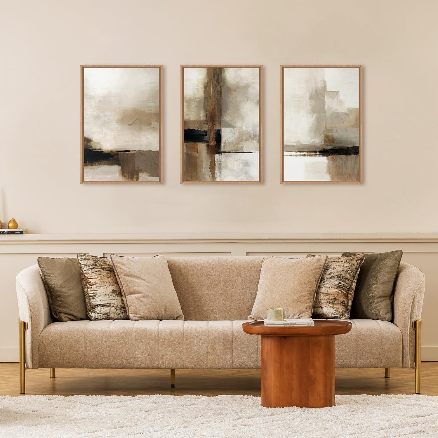 HOURIA Large Abstract Neutral Framed Canvas Wall Art Set,Brown Beige Wall Decor,Minimalist Black Wall Painting,Modern Brush Stroke Line Art Print for Living Room,Bedroom,Office- 16"x24"x3 - Image 2