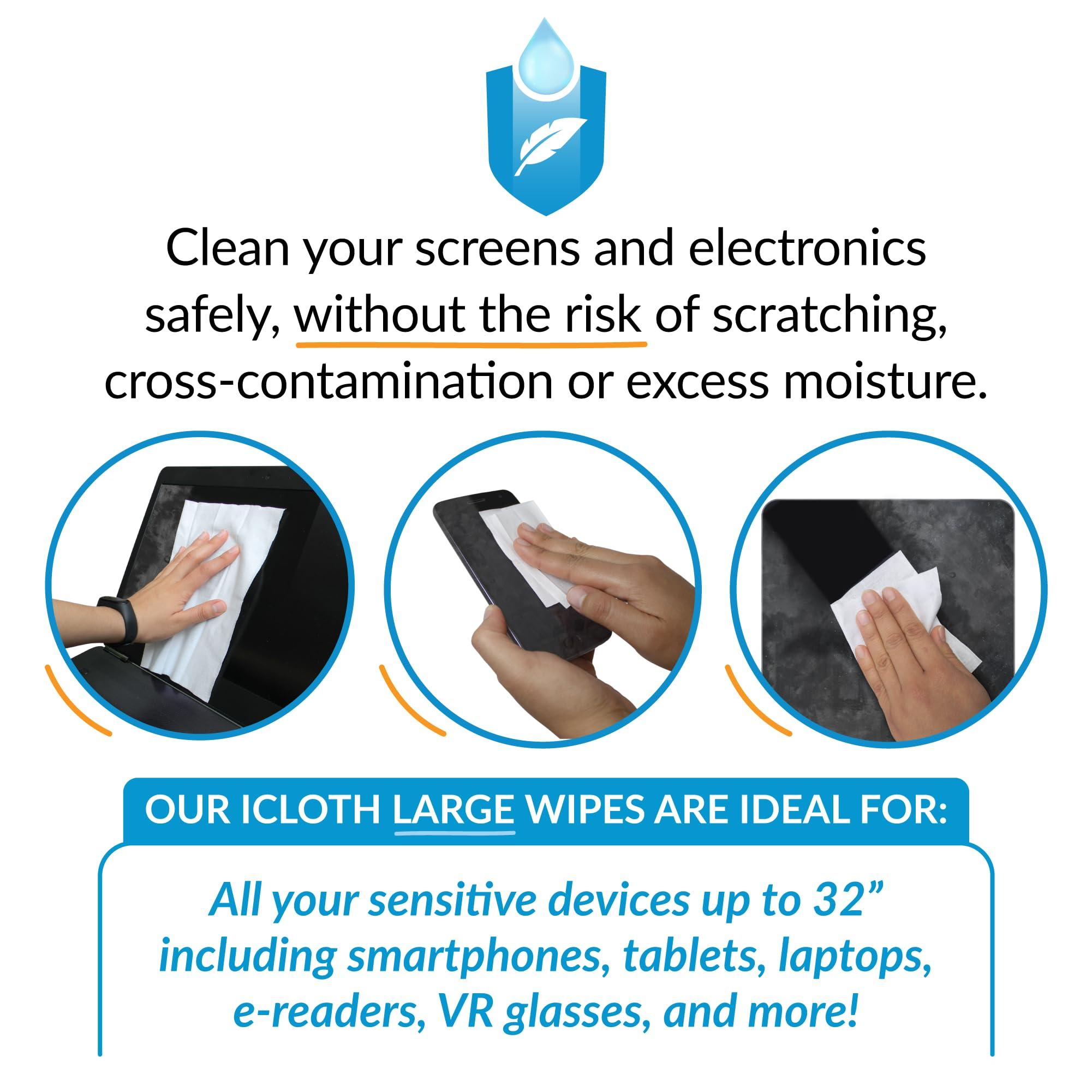 iCloth Large Screen Cleaning Wipes, Purified RO/DI Water & Isopropyl Alcohol Formula, Lint-Free & Streak-Free, Removes Dust, Fingerprints, & Smudges, (100 Wipes) - Image 3