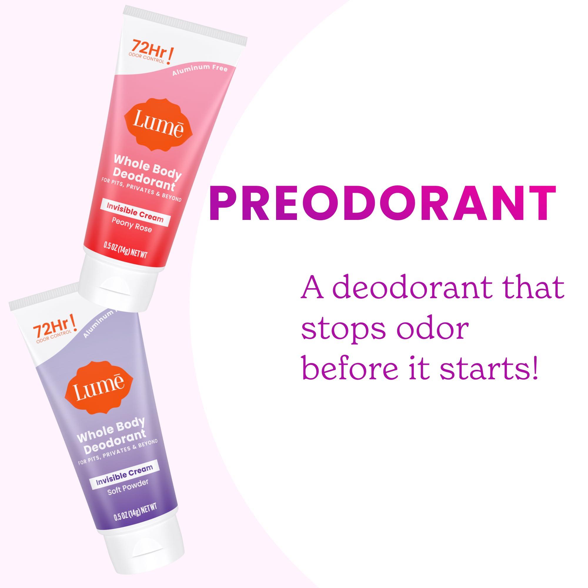 Lume Whole Body Deodorant - Mini Travel Size Invisible Cream Tube - Trial Size - 72 Hour Odor Control - Doctor Developed - Aluminum Free, Baking Soda Free - .5oz (2 Pack) (Soft Powder & Peony Rose) - Image 4