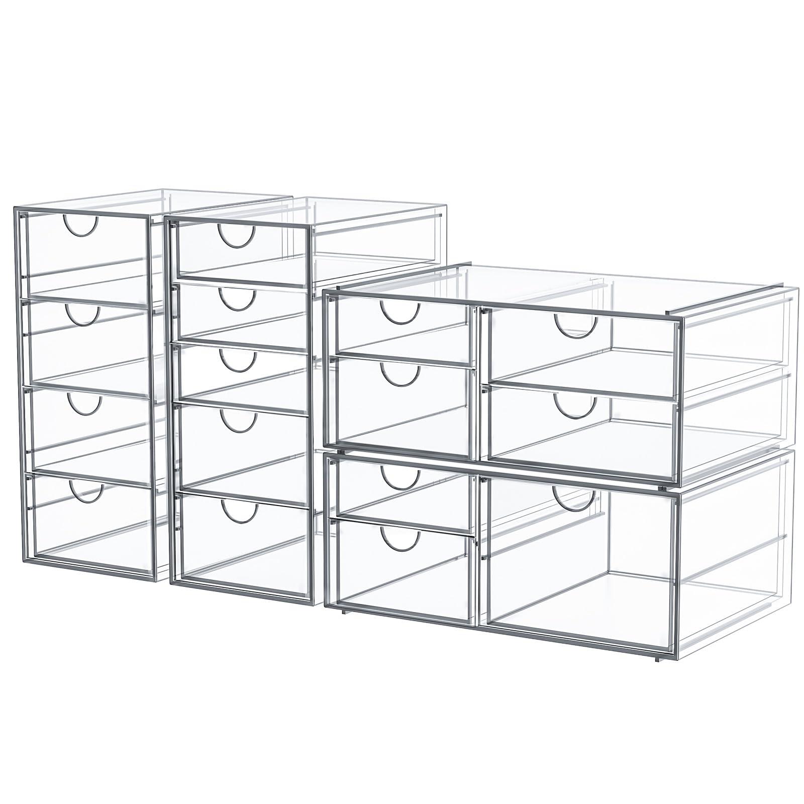 caktraie Makeup Organizer Storage With 16 Drawers, 4 Pcs Desktop Office Supplies, Desk Organizers, Clear Accessories, Dustproof Drawer and for Make Up, Jewelry, Pen, Stationary