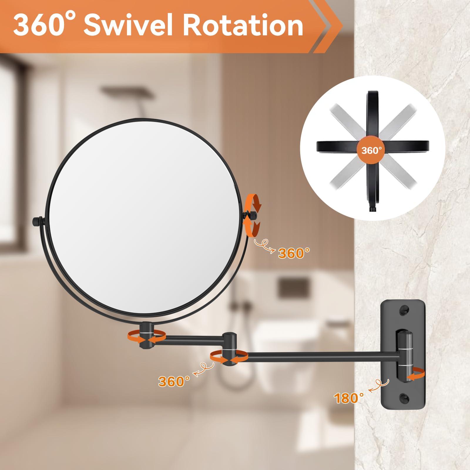 AumVum 8” Makeup Mirror Wall Mounted, 1X/10X Double-Sided Wall Mount Magnifying Bathroom Mirror with Extendable Arm, 360° Swivel Vanity Shaving Mirror for Bathroom and Makeup, Black (No Light - Image 5