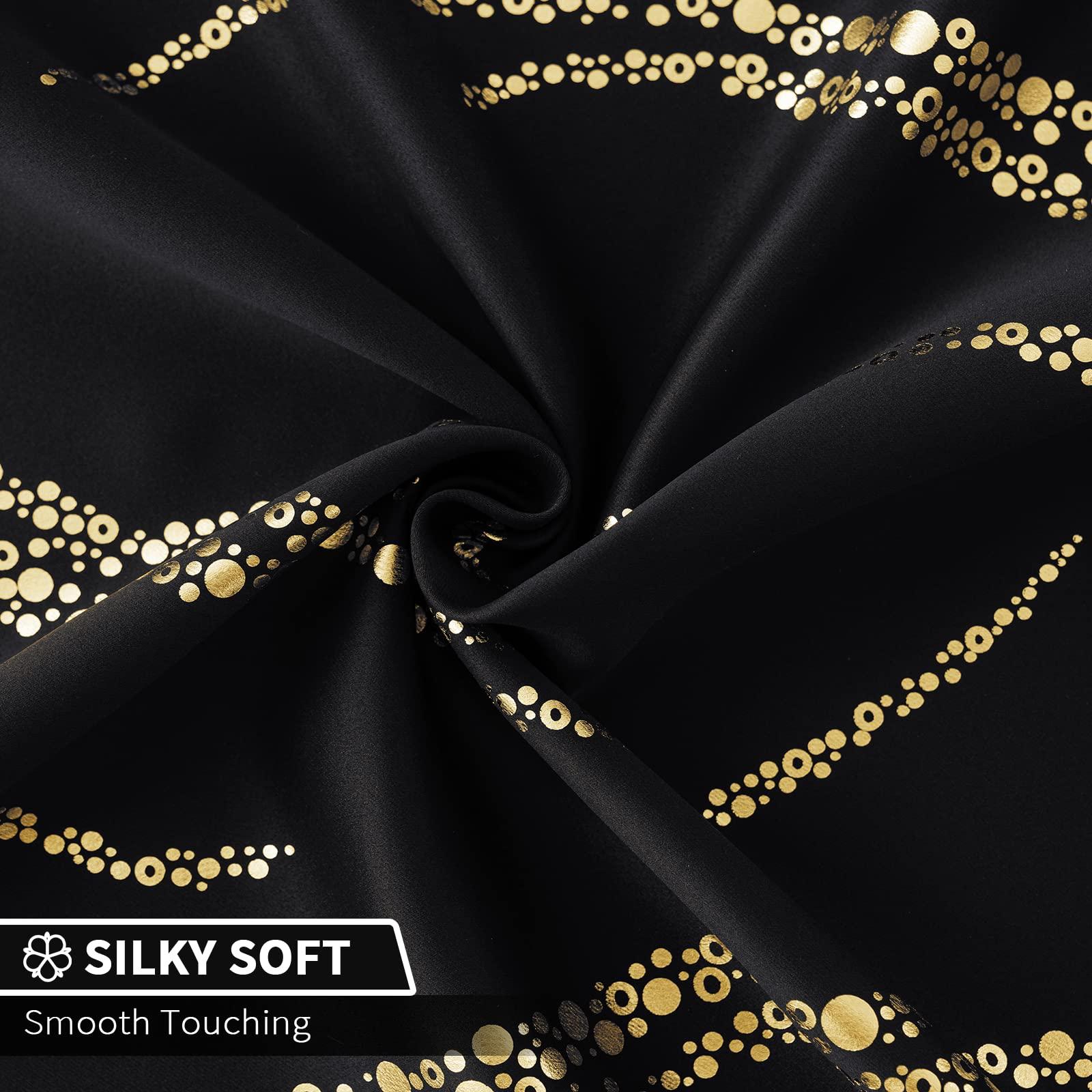 Yakamok Blackout Curtains for Livingroom - Wave Line with Dots Gold Print Design Noise Reducing Thermal Insulated Solid Ring Top Blackout Window Drapes for Livingroom (2 Panels, 52 x 84 Inch, Black) - Image 5