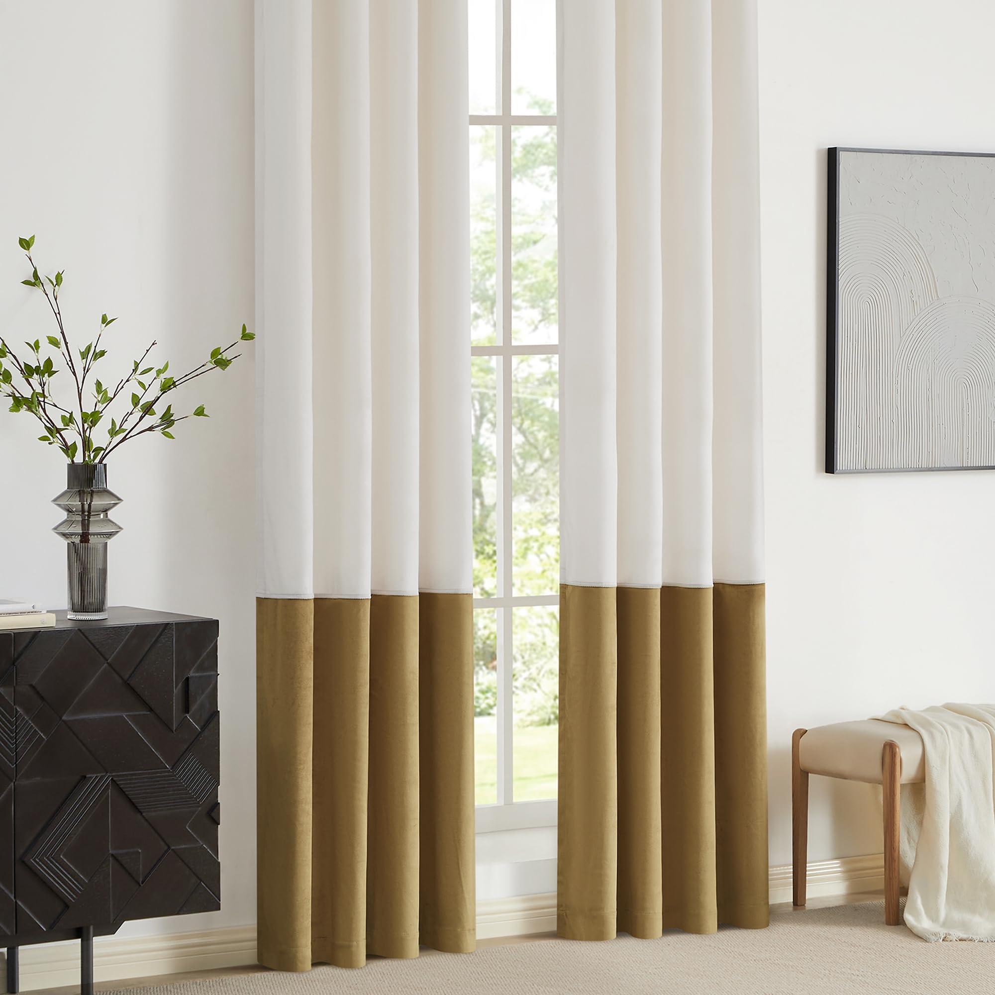 BULBUL Color Block Window Curtains Panels 84 inches Long Cream Ivory Gold Velvet Farmhouse Drapes for Bedroom Living Room Darkening Treatment with Grommet Set of 2 - Image 5