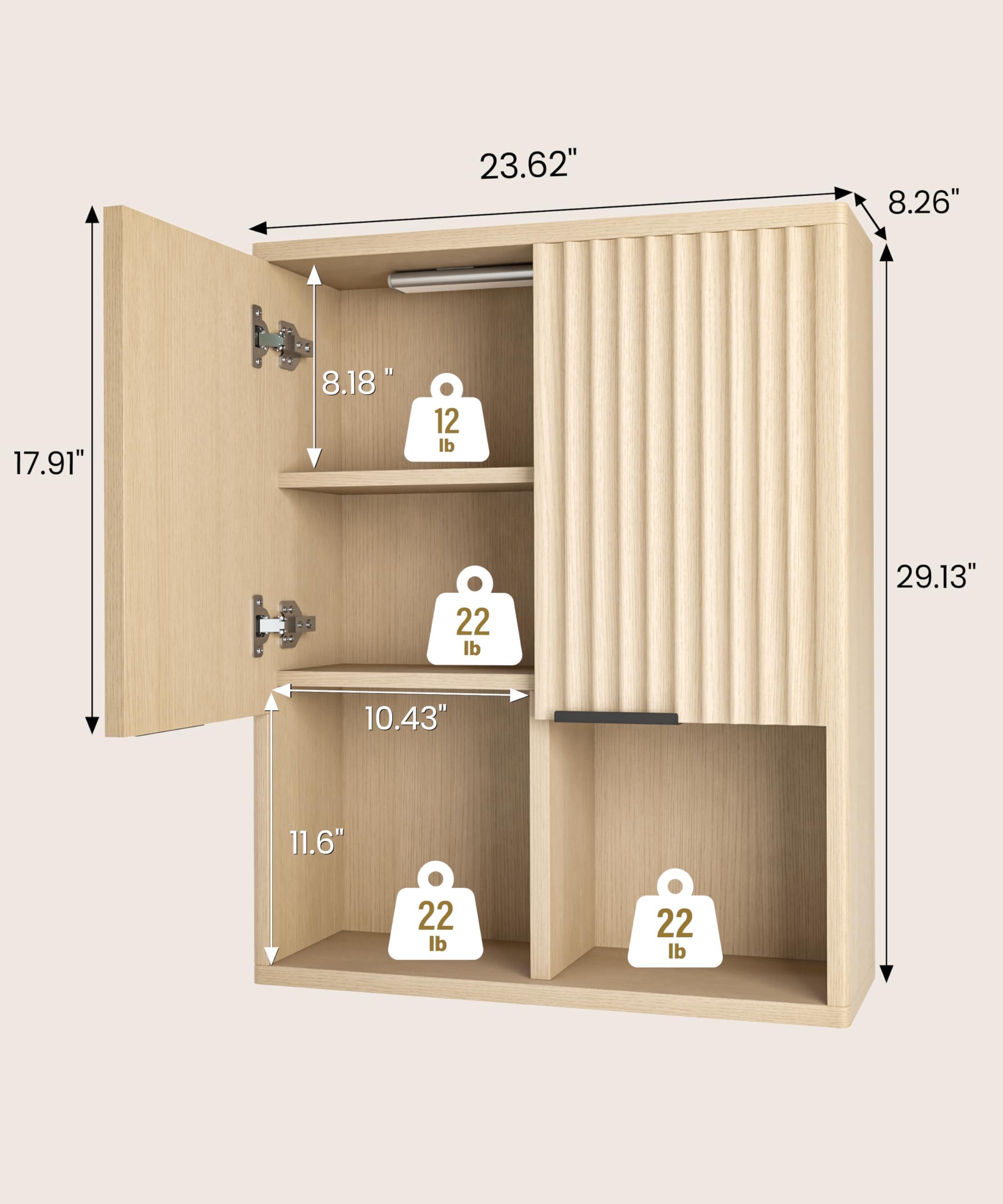 HAIOOU Fluted Bathroom Wall Cabinet with Motion Sensor Light, Curved Profile Wooden Medicine Cabinet Wall Mounted Cupboard, Wave Like Over Toilet Storage Cabinet with Buffering Hinges - Natural - Image 3