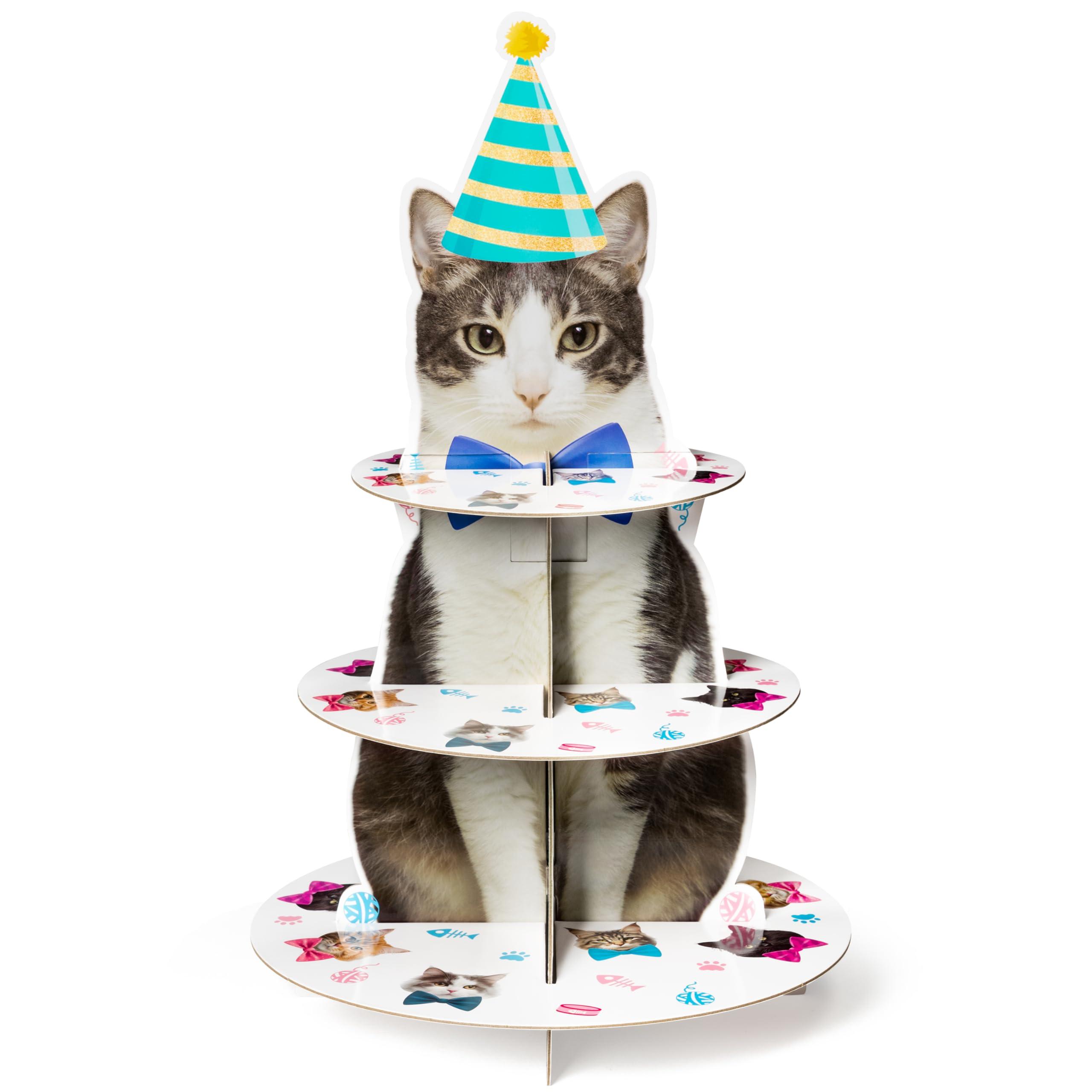 Haooryx Cute Cat Cupcake Stand - 3-Tier American Shorthair Cat Cupcake Tower Cardboard Dessert Holder Cake Stand Serving Tray Cat Theme Party Table Decoration Pet Lovers Kids Birthday Party Supplies