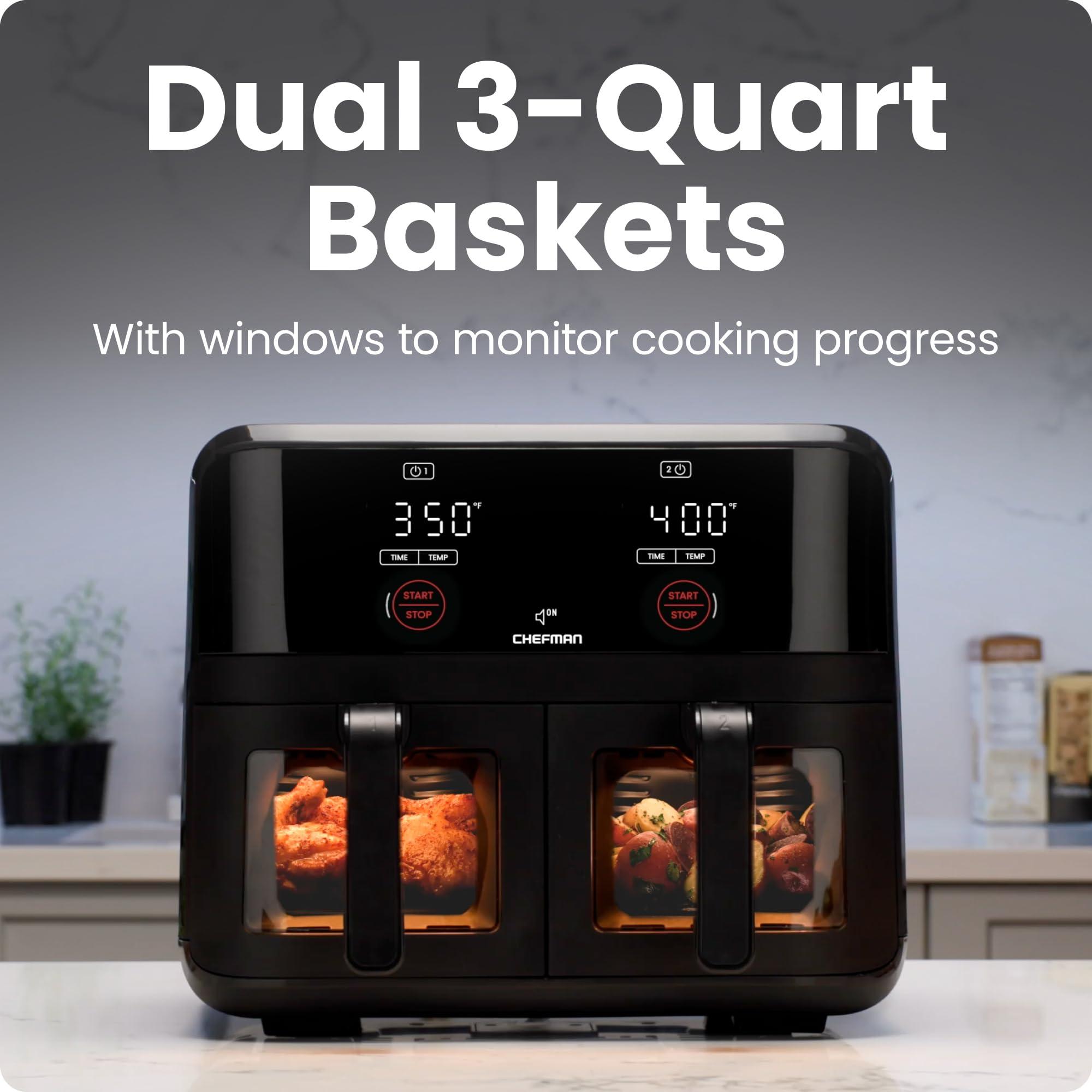 CHEFMAN 6 Quart Dual Basket Air Fryer Oven with Easy View Windows, Sync Finish, Hi-Fry, Auto Shutoff, 2 Independent 3Qt Nonstick Dishwasher Safe Frying Baskets, Digital Double Air Fryer - Black - Image 6