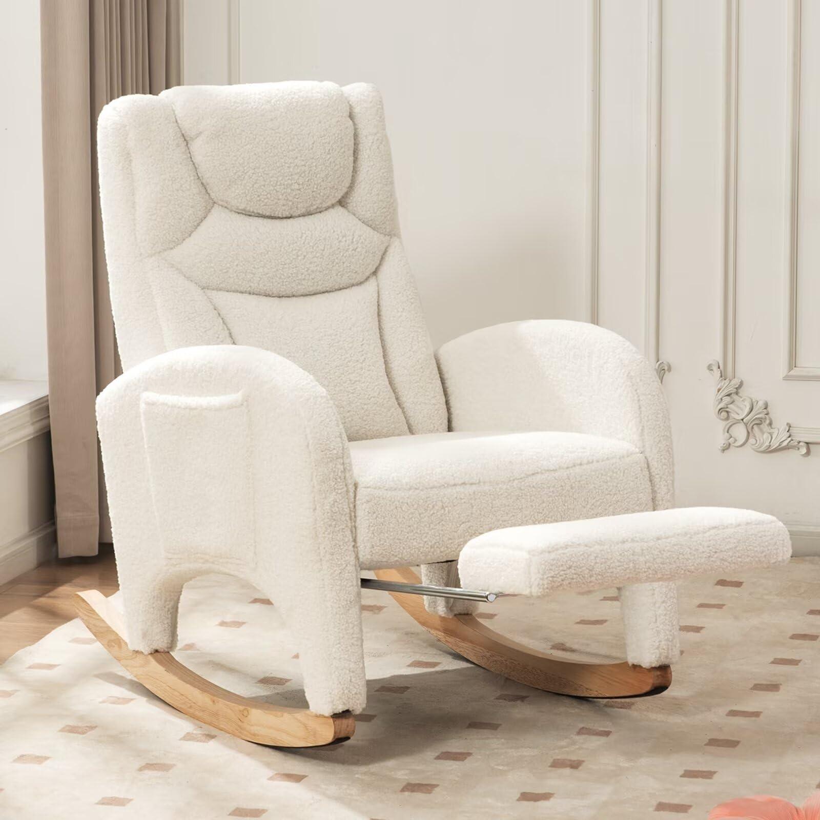 FOXHUNTER Rocking Chair Nursery, Modern Glider Chair with Adjustable Footrest and Solid Wood Legs, High Backrest Nursery Chair with Side Pocket, Rocker Armchair for Living Room Bedroom, Teddy Ivory