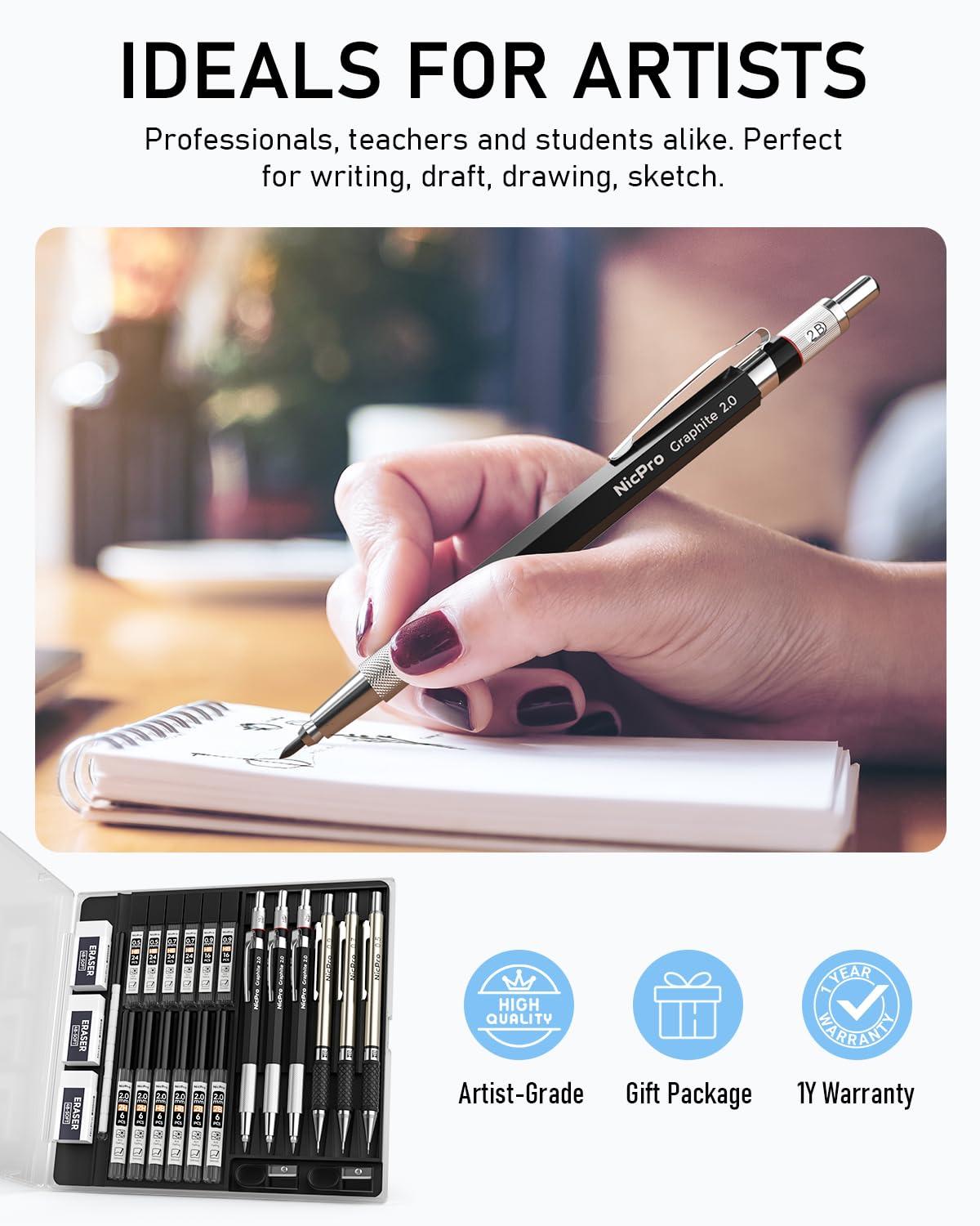 Nicpro 6PCS Art Mechanical Pencil Set, 3PCS Metal Drafting Pencil 0.5 mm & 0.7 mm & 0.9 mm & 3PCS 2mm Graphite Lead Holder (2B HB 2H) For Writing, Sketching Drawing With Lead Refills Case - Image 6