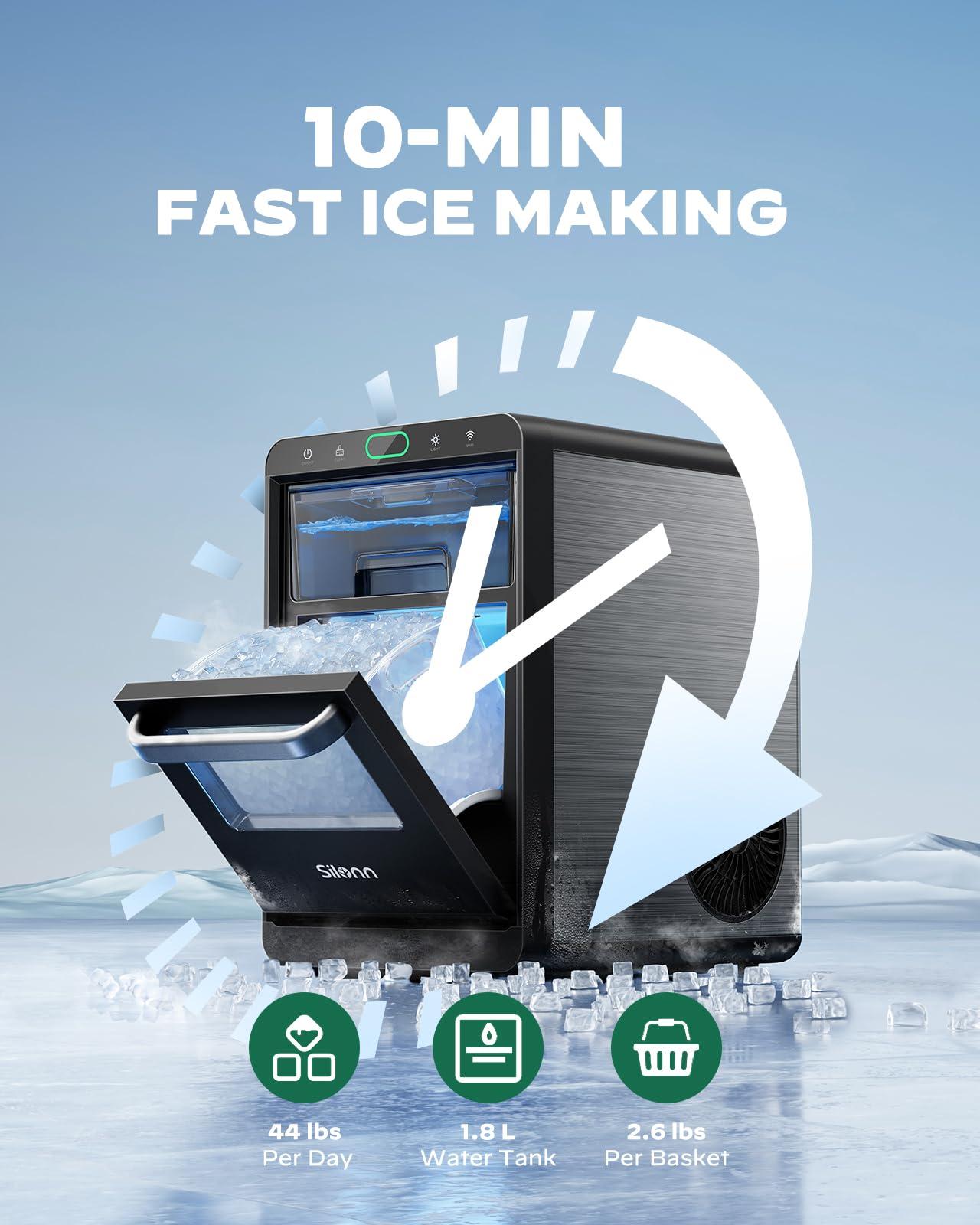 Nugget Ice Maker Countertop - Silonn Smart Pebble Ice Machine, Pellet Ice 44 lbs per Day, Crushed Ice from Timer Function and Status Alerts with Silonn App, Stainless Steel - Image 4