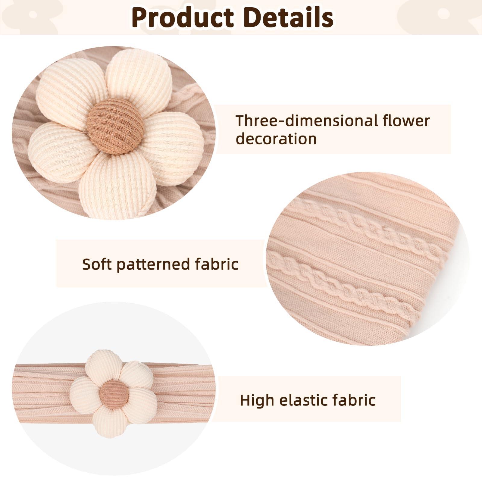 MIUXUESO 3 Pcs Baby Flower Headbands Baby Girls Nylon Headband Soft Hairbands Hair Accessories for Newborn Infant Toddler Kids (Beige Pink Khaki) - Image 6