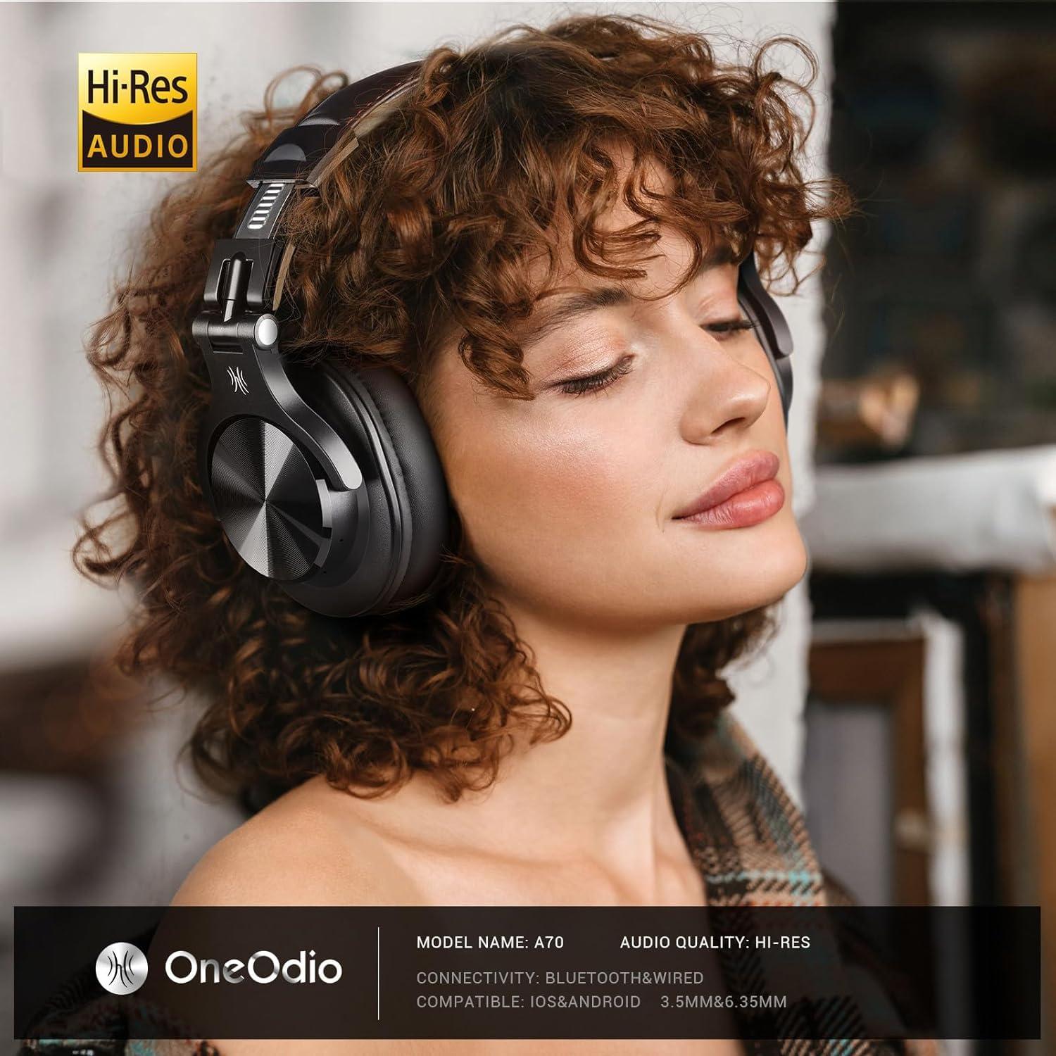 OneOdio A70 Bluetooth Over Ear Headphones, Wireless Headphones with 72H Playtime, Hi-Res, Built-in Mic, 3.5mm/6.35mm Wired Audio Jack for Studio Monitor & Mixing DJ Guitar AMP, Computer Laptop PC - Image 2