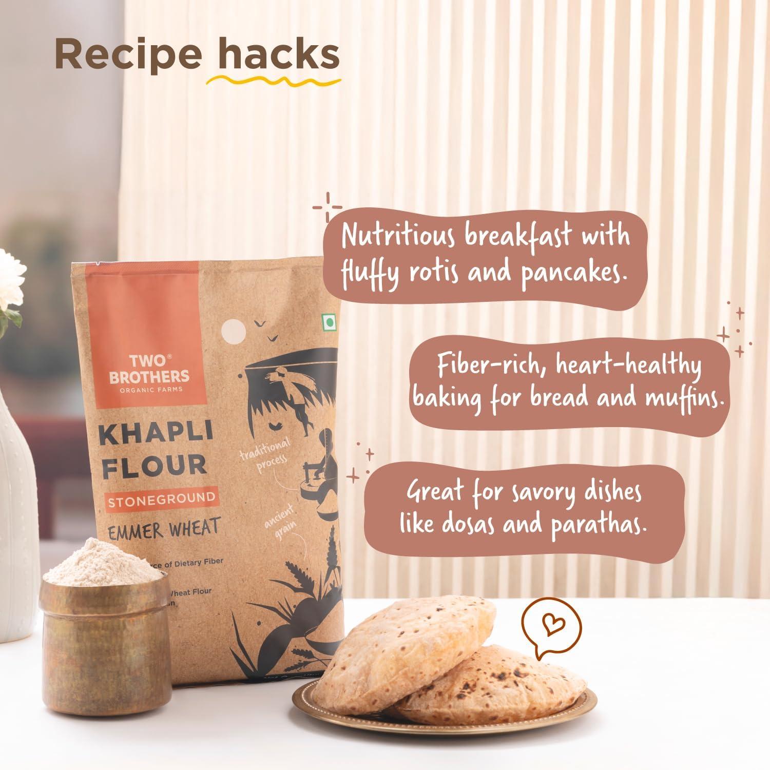 Two Brothers Organic Farms - Khapli Wheat Flour (5kg) | Low-Gluten Wheat Flour | High Dietary Fiber for Easy Digestion | Stoneground Emmer | Khapli Atta | Organic Atta (Pack of 1 kg x 5) - Image 4