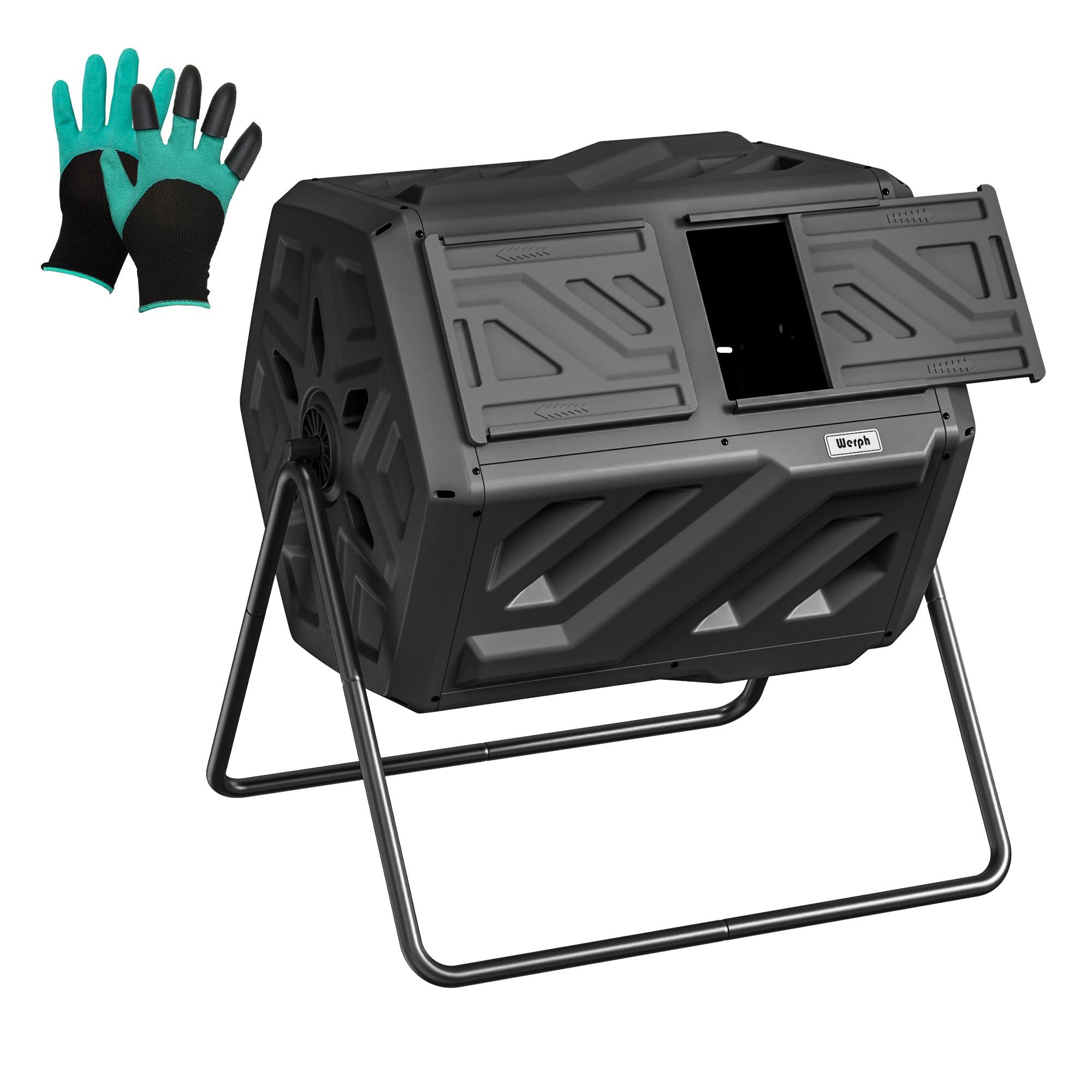 Werph Compost Bin, Outdoor Composter, Fast Assembly 43 Gallon Dual Chamber Outdoor Compost Tumbler, Heavy Duty Tumbling Rotating Composter for Patio, Garden,Yard, Black, Easy Setup, Gloves Included - Image 3