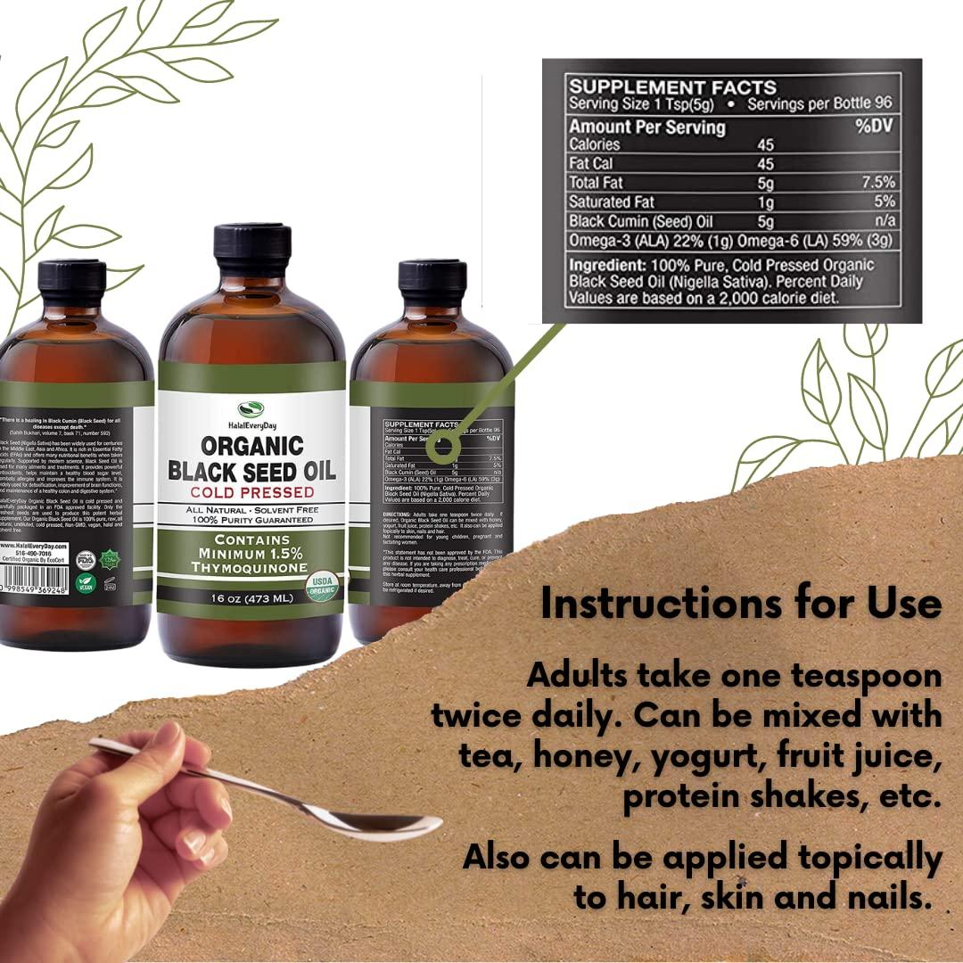 Organic Black Seed Oil - USDA Certified Cold Pressed Glass Bottle Over 1.5% Thymoquinone 3X strength Turkish Black Cumin Nigella Sativa non-GMO 100% Pure Blackseed Oil (32oz Glass (2X16) Bottle) - Image 7