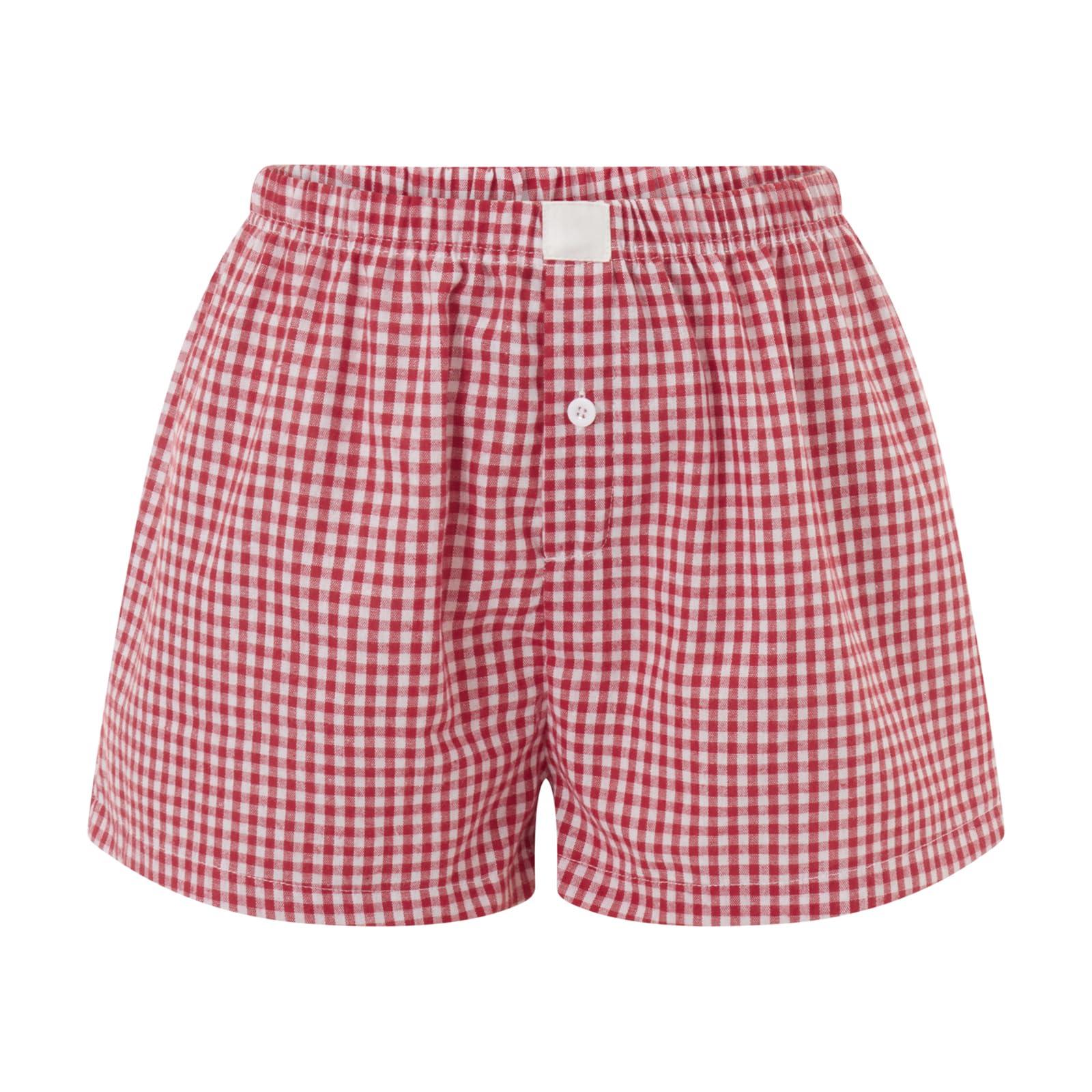 Womens Y2k Cute Plaid Striped Print Pajama Boxer Shorts Gingham Lounge PJ Bottoms Shorts Checkered Sleep Shorts