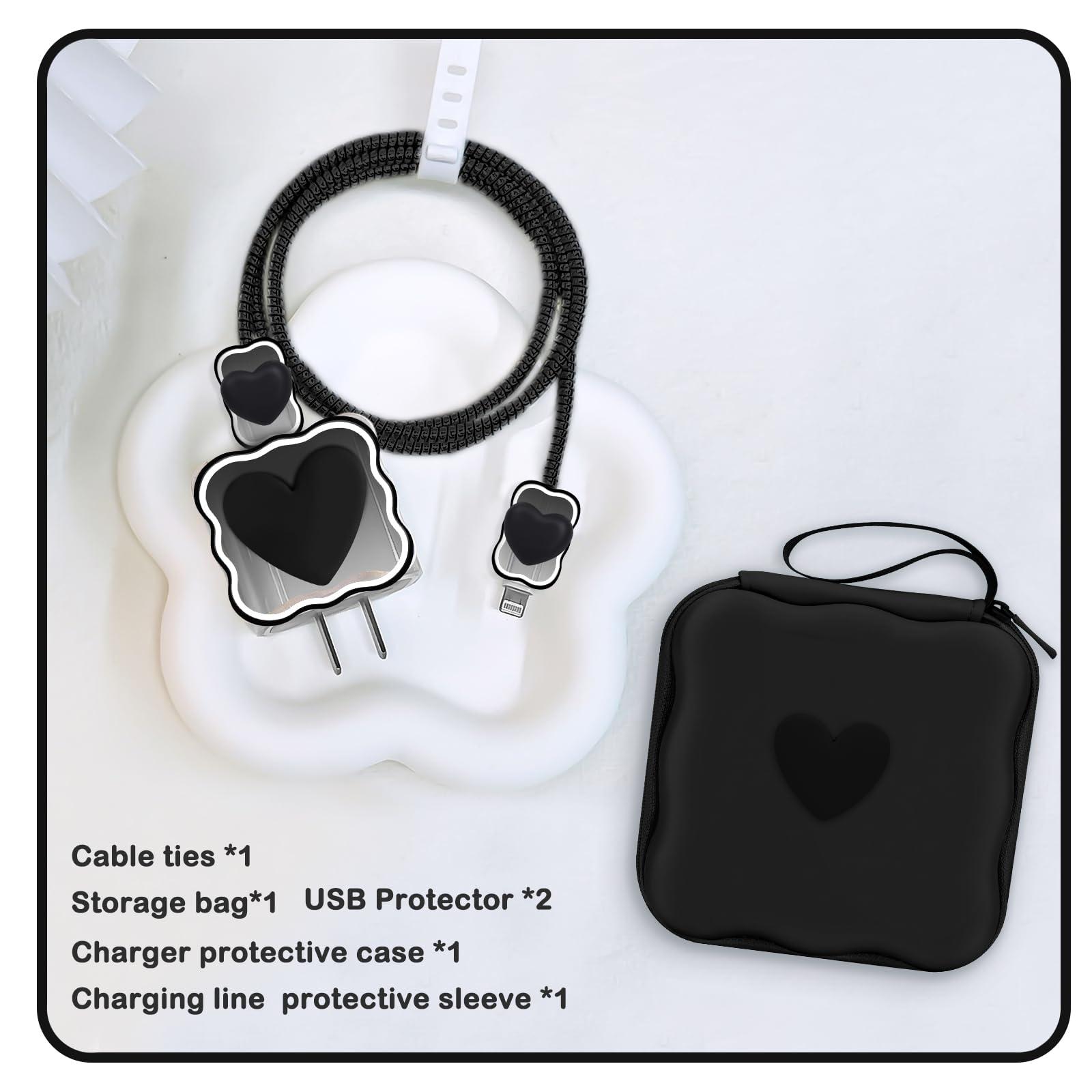 CameCosy DIY Phone Charger Case Storage Sets Cable Protector Earphone Wire Saver with Wave Travel Storage Bag, Cute Cable Charger Protector Cord Organizer for iPhone (Black Love Heart) - Image 2