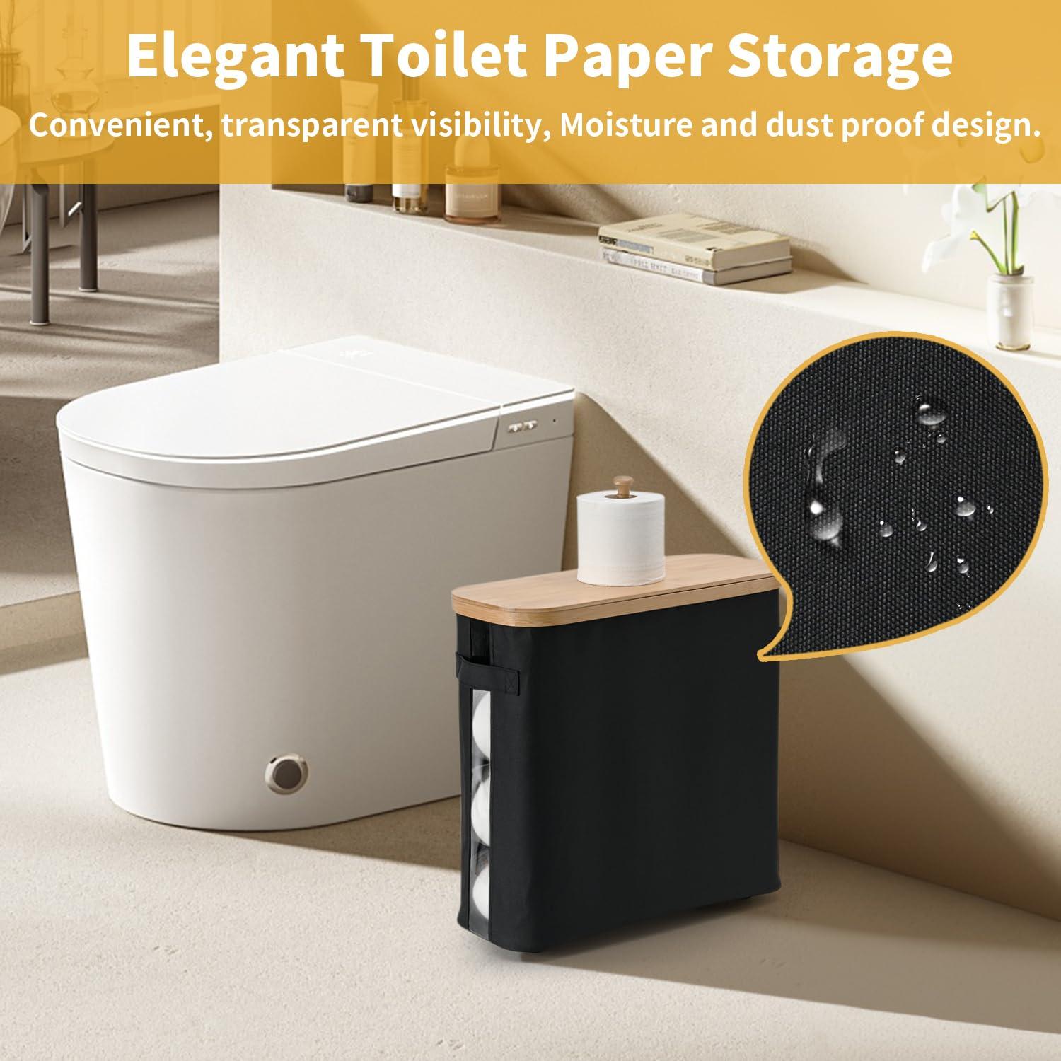 32L Bathroom Toilet Paper Storage Basket with Lid and Handle - Mega Capacity， Bamboo Collapsible Toilet Paper Holder Storage with Non-Slip Bottom, Extra Toilet Roll Storage, Starry Black，1 Pack - Image 2