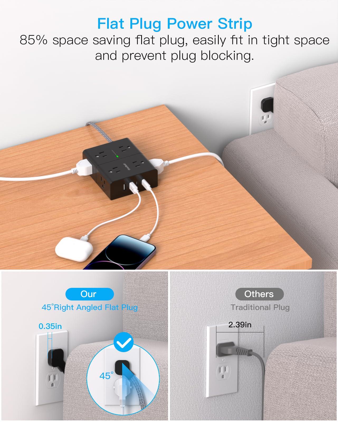 Surge Protector Power Strip 25 Ft Cord, Ultra Thin Flat Extension Cord with 8 Outlets 4 USB Ports(2 USB C), Flat Plug Power Strip, 25 Ft Long Braided Power Cord for College Dorm Room Essentials-BK - Image 5