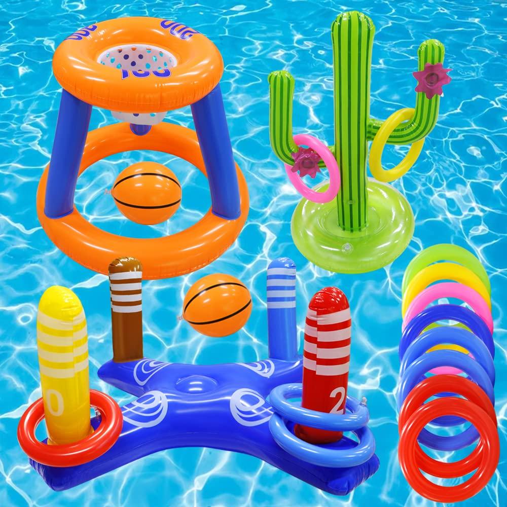 Gemle Pool Toys Games Set,Pool Basketball Hoop Inflatable Cross Ring Toss Game and Inflatable Cactus Kids for Teens Adults and Family (3 Set Water Toys)