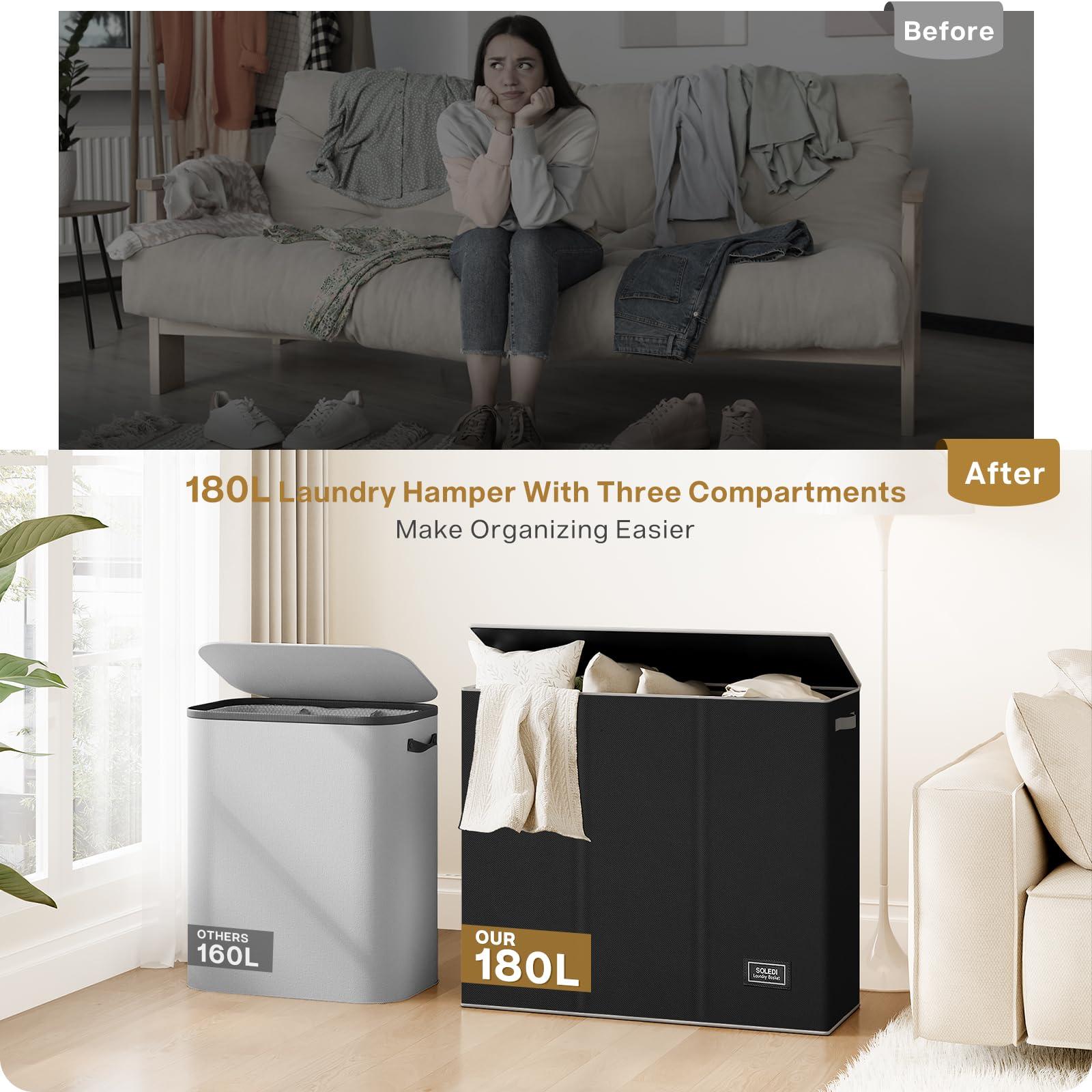 SOLEDI 180L Laundry Hamper 3 Section, Extra Large Laundry Hamper with Lid, Dirty Clothes Hamper with Sturdy Handle, Large Laundry Basket Organizer for Laundry Room, Bedroom, Hampers for Laundry - Image 9