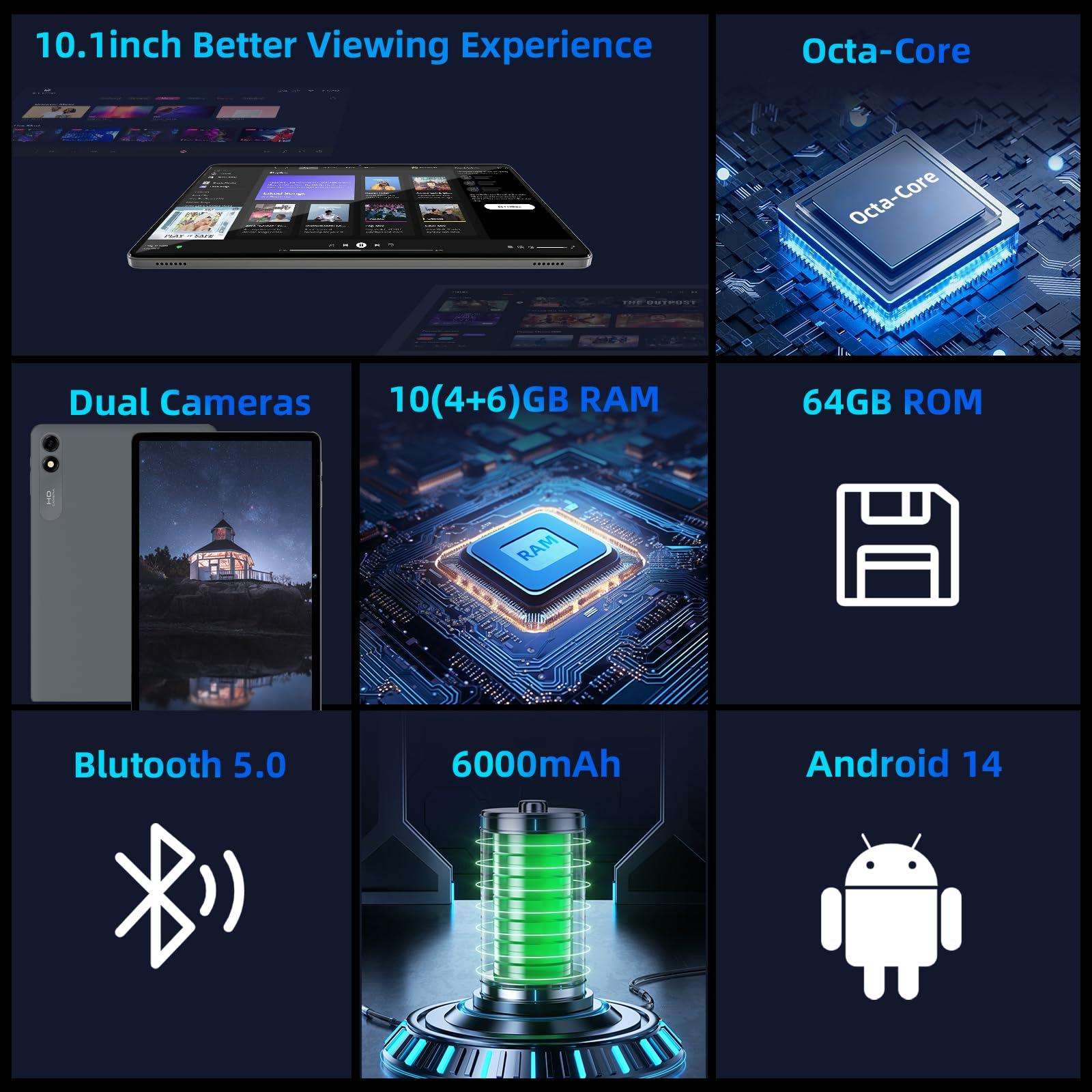 Android 14 Tablet,10 inch Tablets, Octa Core Processor, 10GB+64GB+512GB Expansion, 1280x800 HD IPS Display Screen, Wi-Fi6, Dual Camera, 6000mAh Battery Tablet PC,Support Widevine L1 Google Kids Space - Image 2