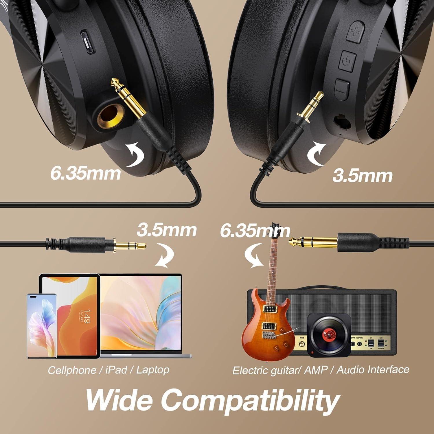 OneOdio A70 Bluetooth Over Ear Headphones, Wireless Headphones with 72H Playtime, Hi-Res, Built-in Mic, 3.5mm/6.35mm Wired Audio Jack for Studio Monitor & Mixing DJ Guitar AMP, Computer Laptop PC - Image 4