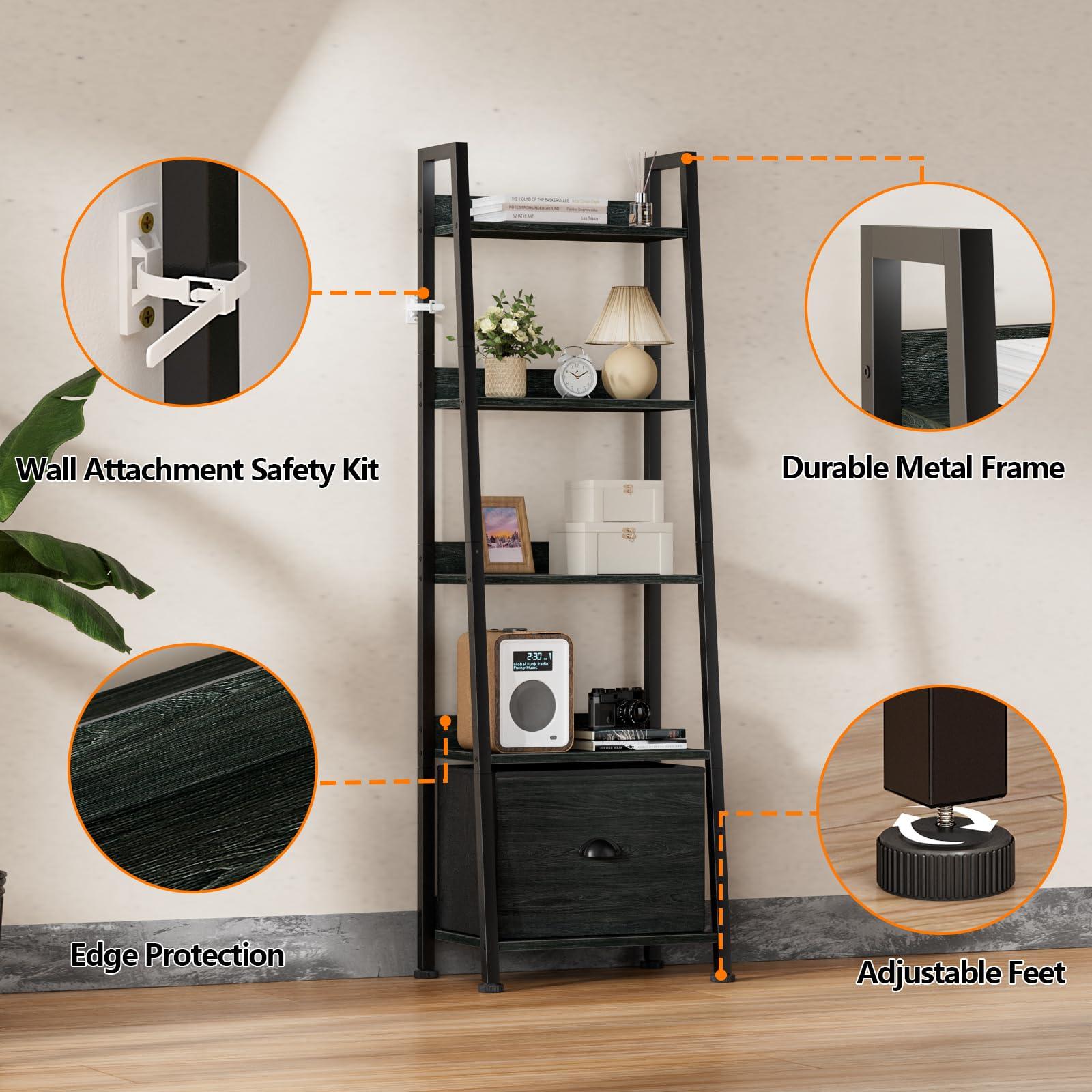 Furologee 5-Tier Ladder Shelf, Narrow Ladder Bookshelf with Drawer, 55.6”Tall Industrial Bookcase Storage Rack Organizer, Freestanding Storage Shelve for Living Room, Home Office, Bedroom, Black Oak - Image 6