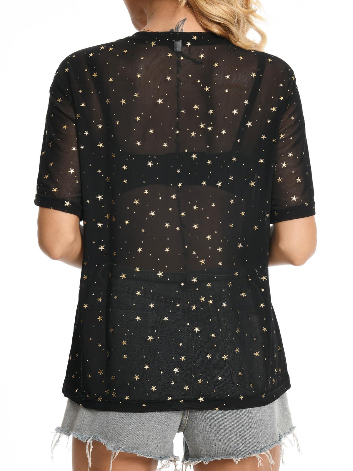 HWOKEFEIYU Women's Summer Short Sleeve Tops See Through Mesh Sheer Sexy T Shirt Blouse - Image 2