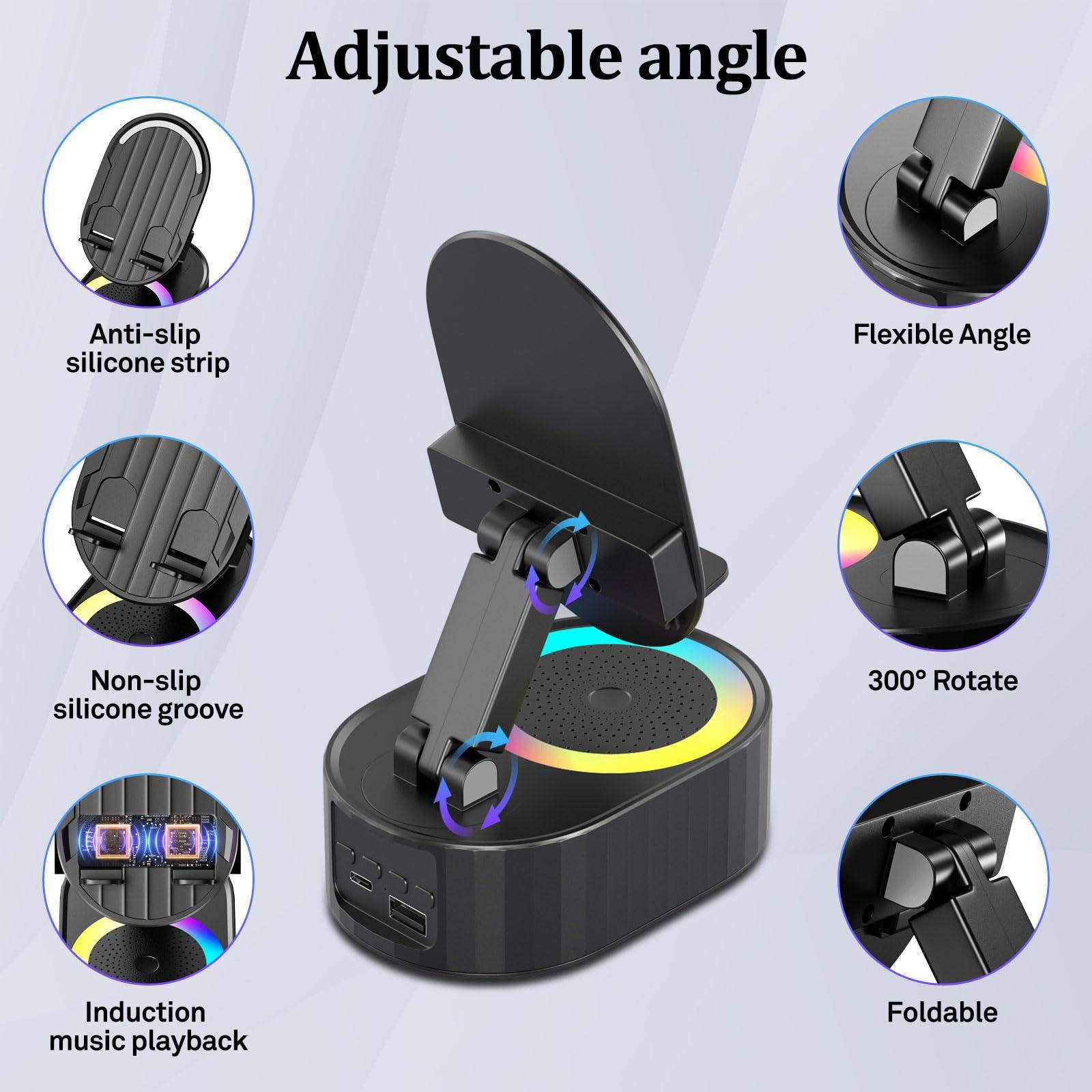 AKLLCCR Wireless Induction Audio Bluetooth Speaker 5in1 Phone Holder Emergency Rechargeable (3000mAh) with Colorful Ambient Light 300° Foldable for Tablet iPhone Android, Gifts for Men Women (Black) - Image 5