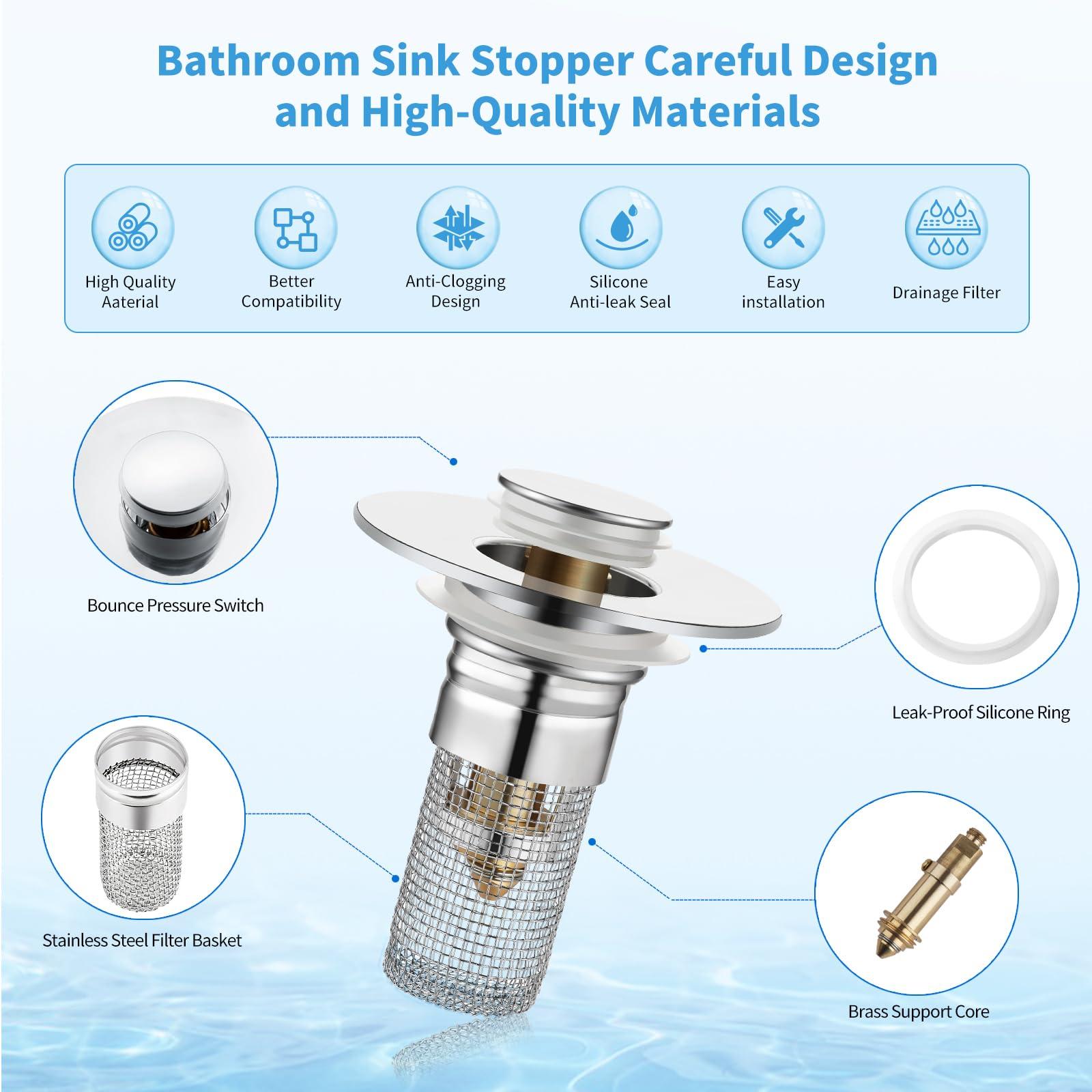 Nevellir 2 Pack Bathroom Sink Stopper for 1.06-1.50in, Universal Drain Filter with Hair Strainer, Universal Bathroom Sink Drain Pop Up Stopper for US Stainless Steel Floor Drain Filter - Image 3