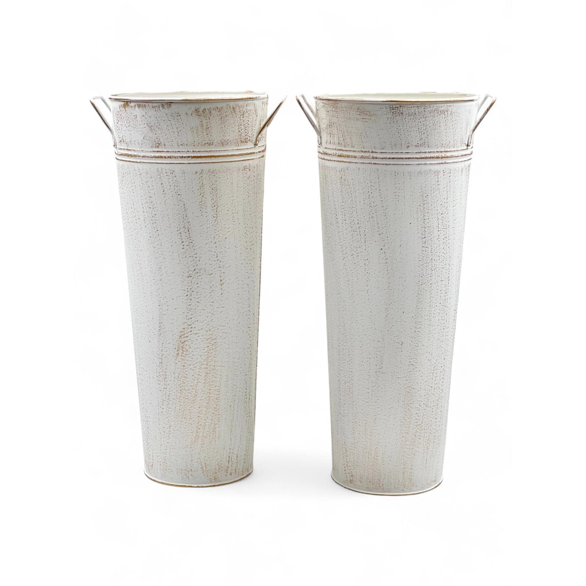 Hosley Set of 2 White Metal French Bucket with Handles & PVC Liner, 6" Dia x 15" H for Weddings, Parties, Country Picnics, Floral Arrangements, Tableware Storage, or Gardens - Rustic Farmhouse Décor