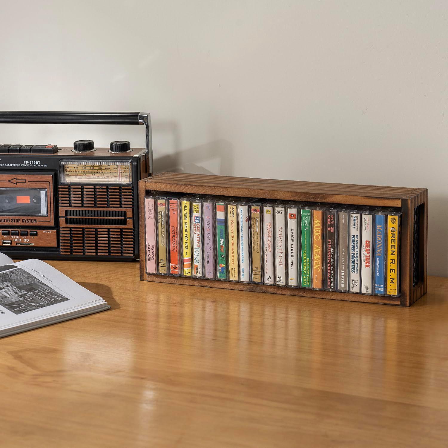 FARM IN Cassette Tape Storage, Farmhouse Style Cassette Rack Towe for Table or Wall Mount, Rustic Solid Burnt Wood & Diamond Metal Wire Mesh - Image 2