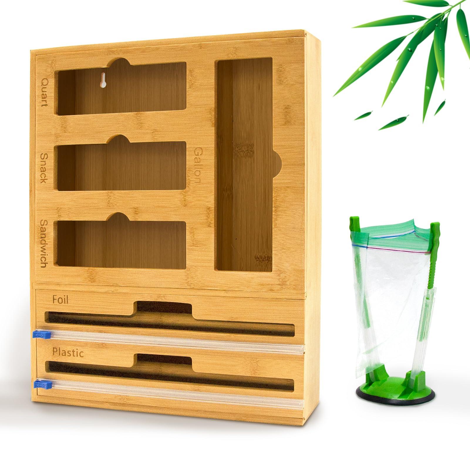WHOMASS Bamboo Kitchen Drawer Organizer 7-in-1 for Food Bags and Wraps Adjustable Compartment Storage with Baggy Rack Dispenser and Cutter Fits Gallon Quart Sandwich and Snack Sizes