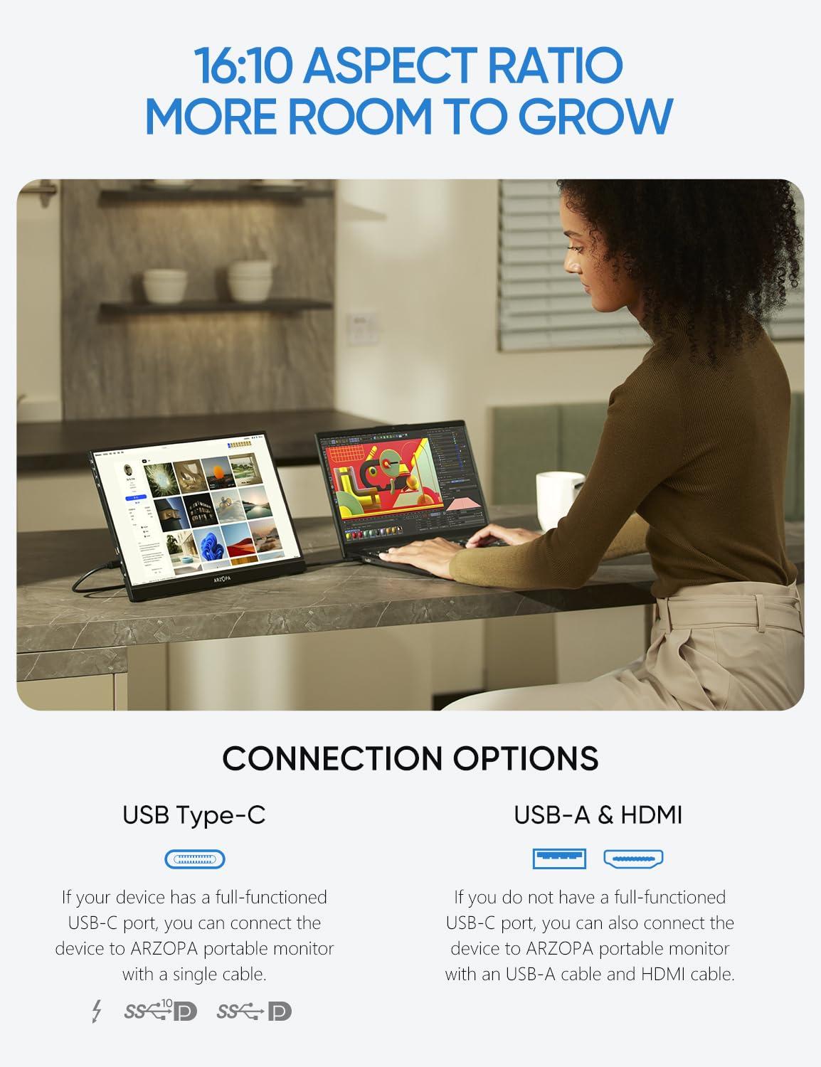 ARZOPA Z1RC 16" Portable Monitor IPS Display, External Second Screen, for Mac Laptop Phone PS4/5 Xbox Switch, 2.5K, 2560x1600, QHD, USB-C, HDMI, Built-in Stand, Eye Care, 123% sRGB - Image 2