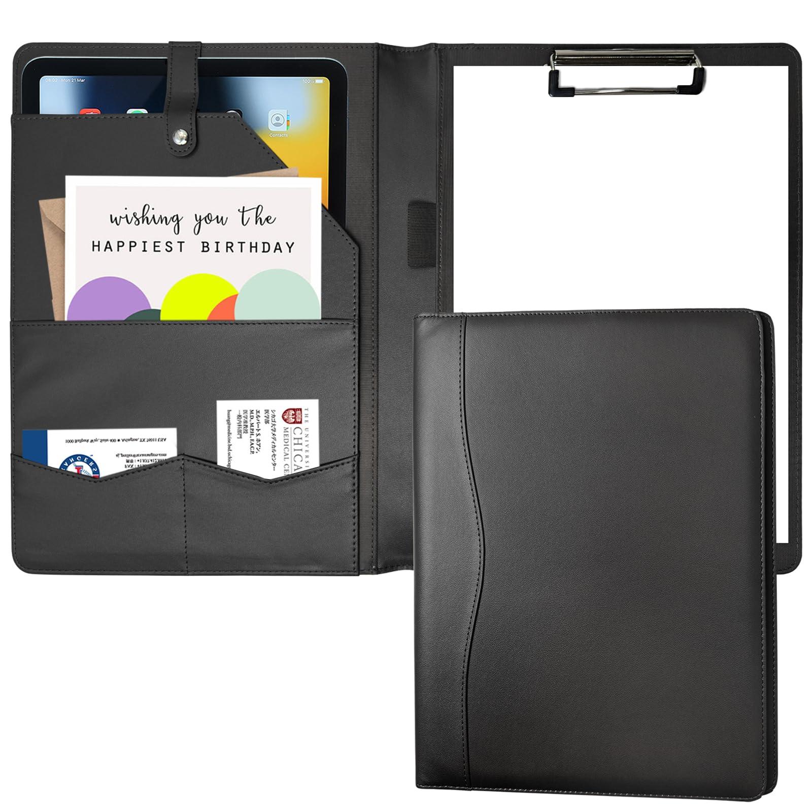 Portfolio Folder Padfolio with A4 Clipboard, PU Leather Portfolio Clipboard Business Binder Writing Clip Board Organizer for Legal Documents Business Card Men Women Black