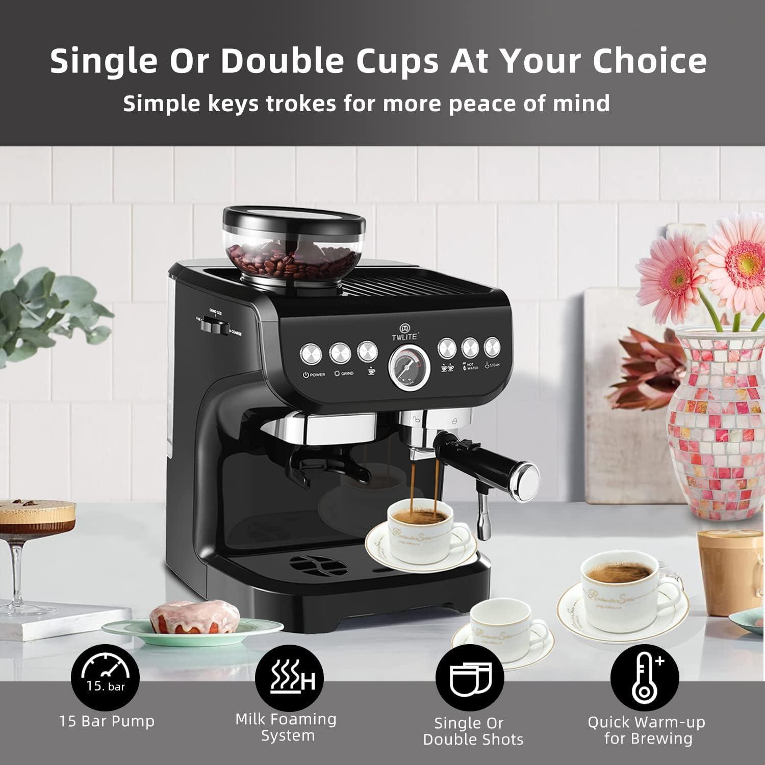 TWLITE 𝐄𝐬𝐩𝐫𝐞𝐬𝐬𝐨 𝐌𝐚𝐜𝐡𝐢𝐧𝐞 𝐰𝐢𝐭𝐡 𝐆𝐫𝐢𝐧𝐝𝐞𝐫, Professional Espresso Maker with Milk Frother Steam Wand, 15 Bar Barista Cappuccino Machine - Image 4