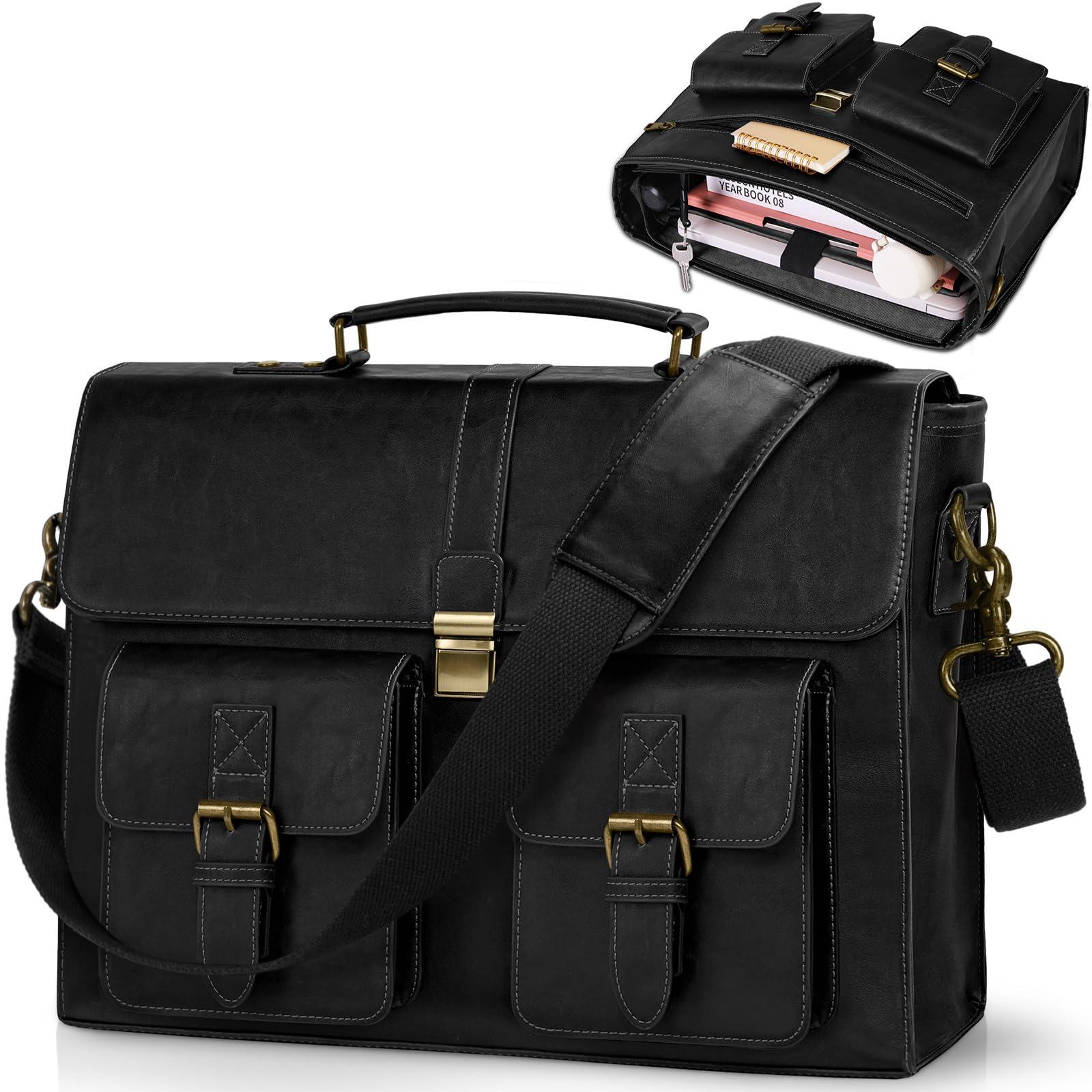 RAINSMORE Mens Messenger Bag 15.6 Inch Leather Vintage Laptop Briefcase Waterproof Computer Laptop Bag Leather Satchel Bag Large Shoulder Bag for Office Work Travel College, Black