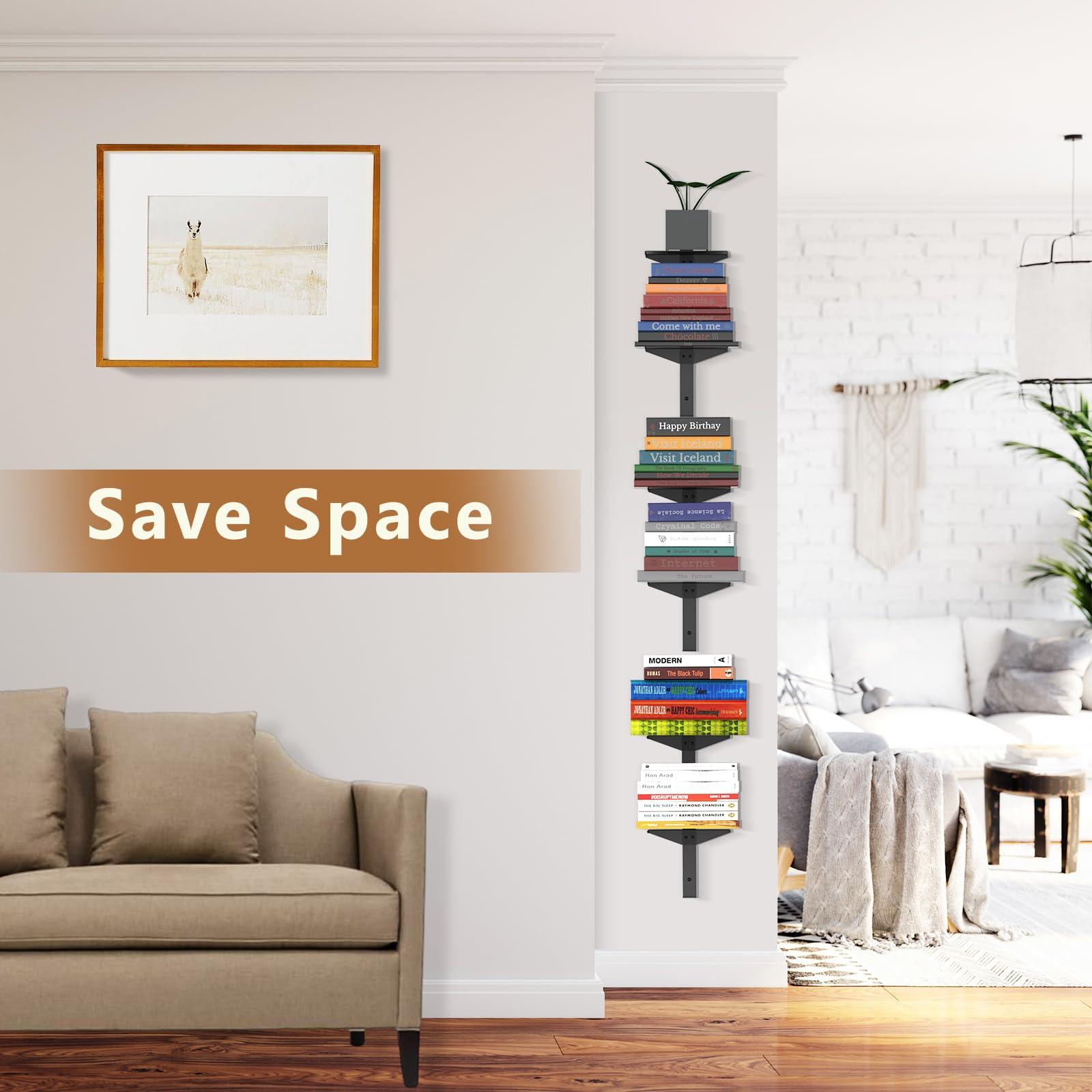 MQKIWAO Invisible Floating Bookshelf for Wall Mounted, 3 Pack Black Spine Book Tower, 6 Tier Vertical Book Organizers, Heavy Duty Metal Bookshelf for Home, Office, Bedroom, Kids Room - Image 5