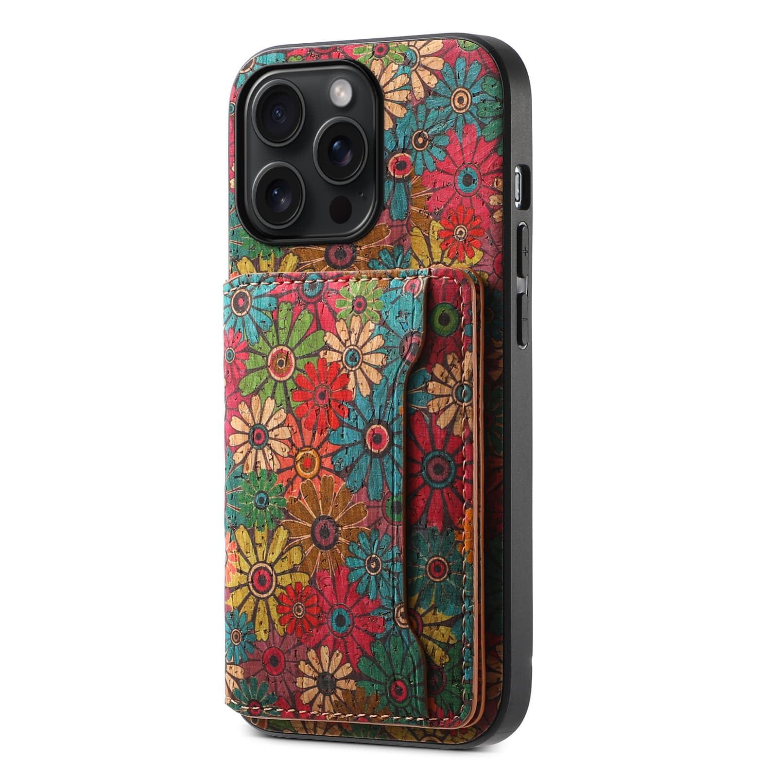GuluGuru for iPhone 16ProMax Cork Wood Phone Case, Retro Floral Colorful Flower Printing Magnetic Folio Flip ID/Credit Card Holder Slot Back Cover Bag, Kickstand Support - Image 3