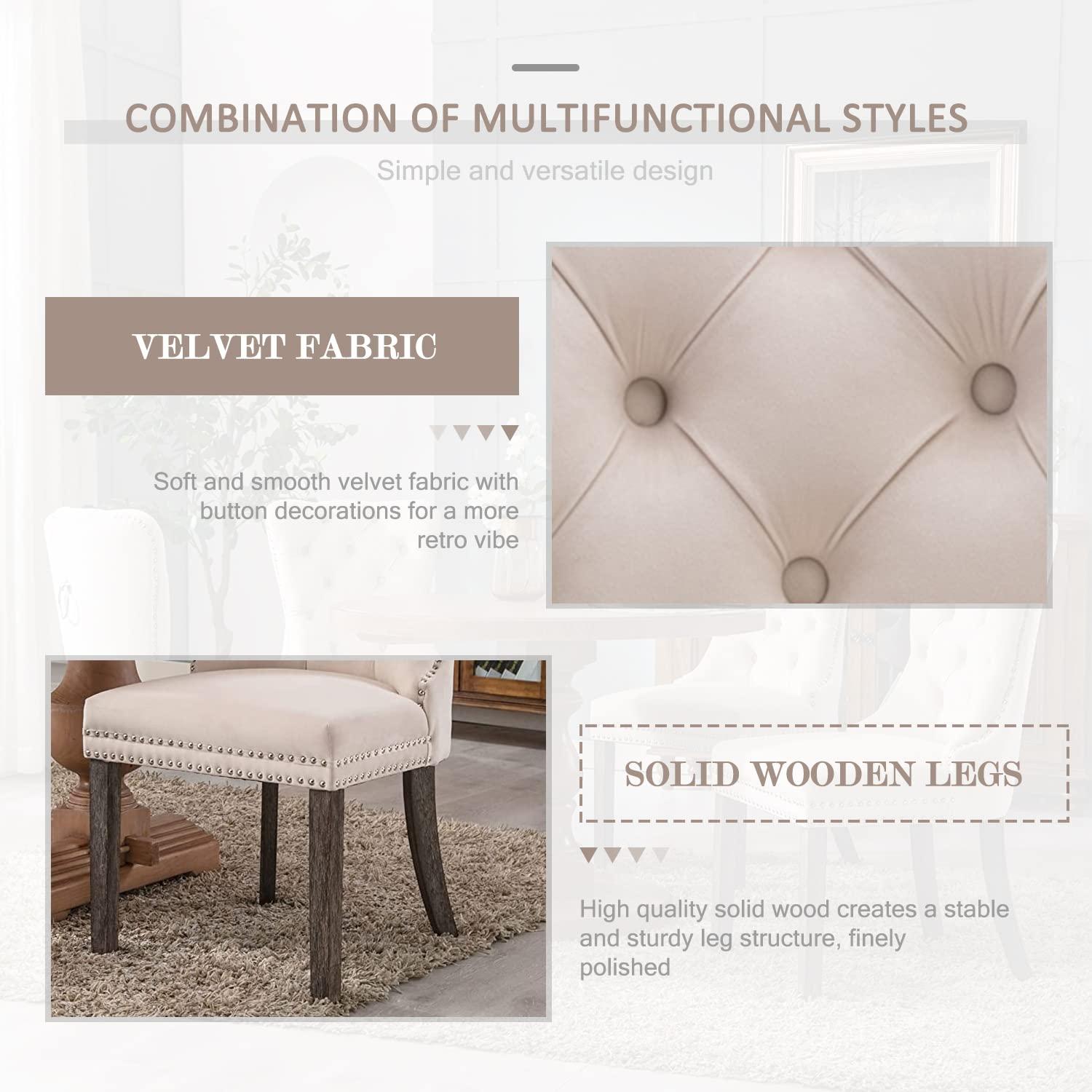 Eifizek Velvet Dining Chairs Set of 4, Tufted Dining Room Chairs with Nailhead Ring Pull Trim, Upholstered Dining Chairs with Solid Wood Legs for Kitchen Dining Room (Beige) - Image 6